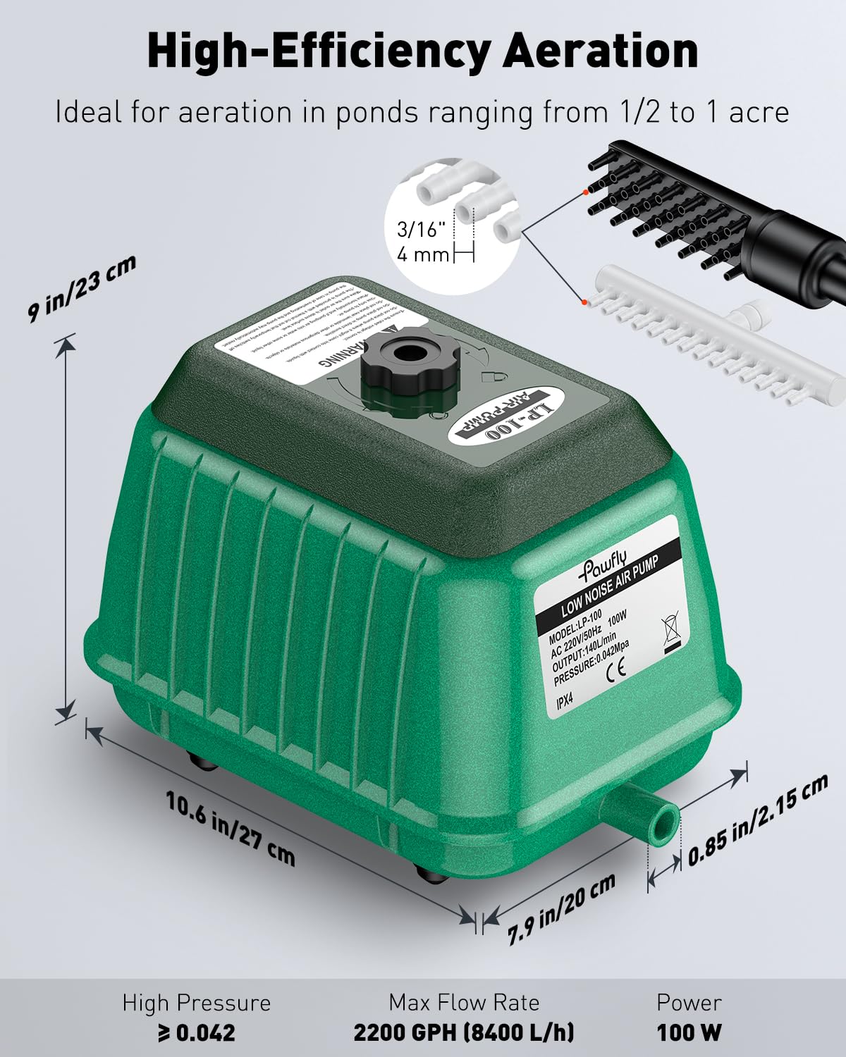 Pawfly 2200 GPH Pond Air Pump, High-Efficiency Aerator for Outdoor Koi Fish Ponds up to 1 Acre & 10ft Deep, 100W Garden & Septic Pump with 2 Air Splitters