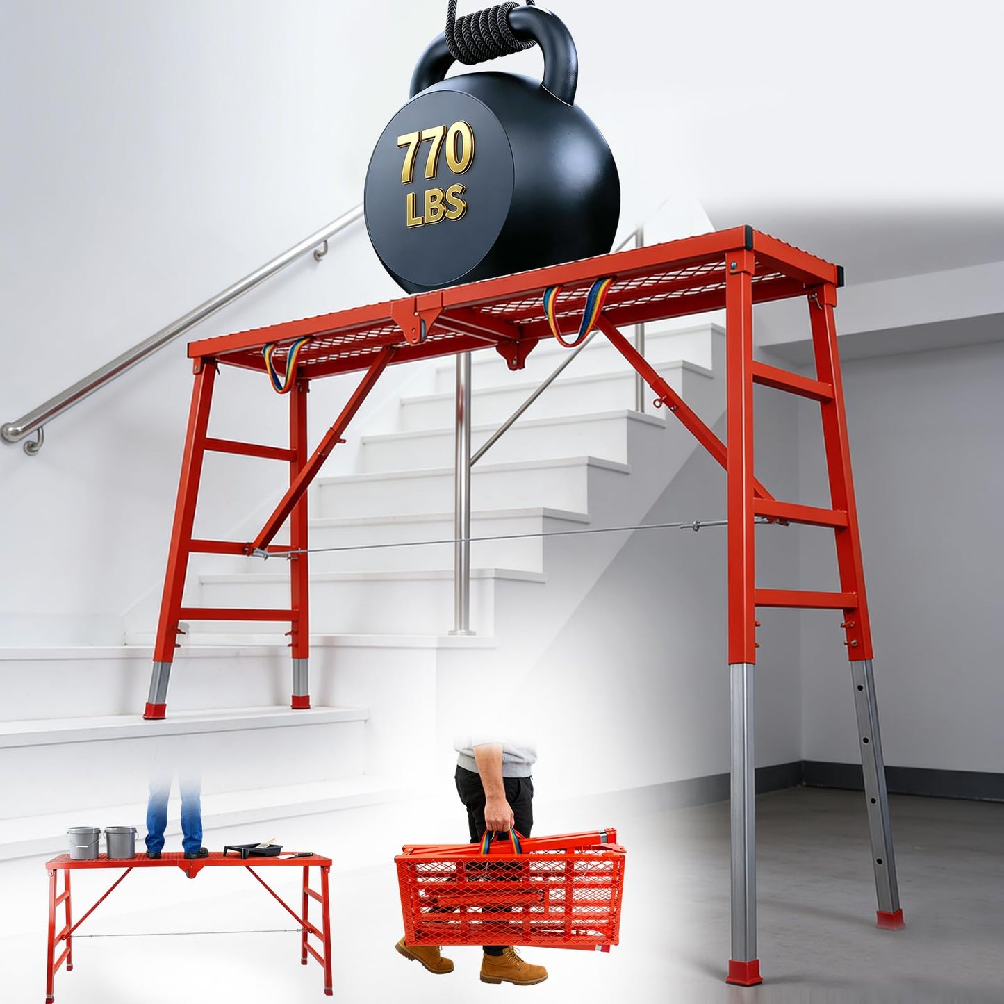 Foldable Scaffolding Platform, 70.8x15.2x36.2-62 Inch Welded Steel Work Platform, 770 Lbs Capacity, Adjustable Height Industrial Step Ladders, Ideal for Painting, Wiring and Home Decor, Red