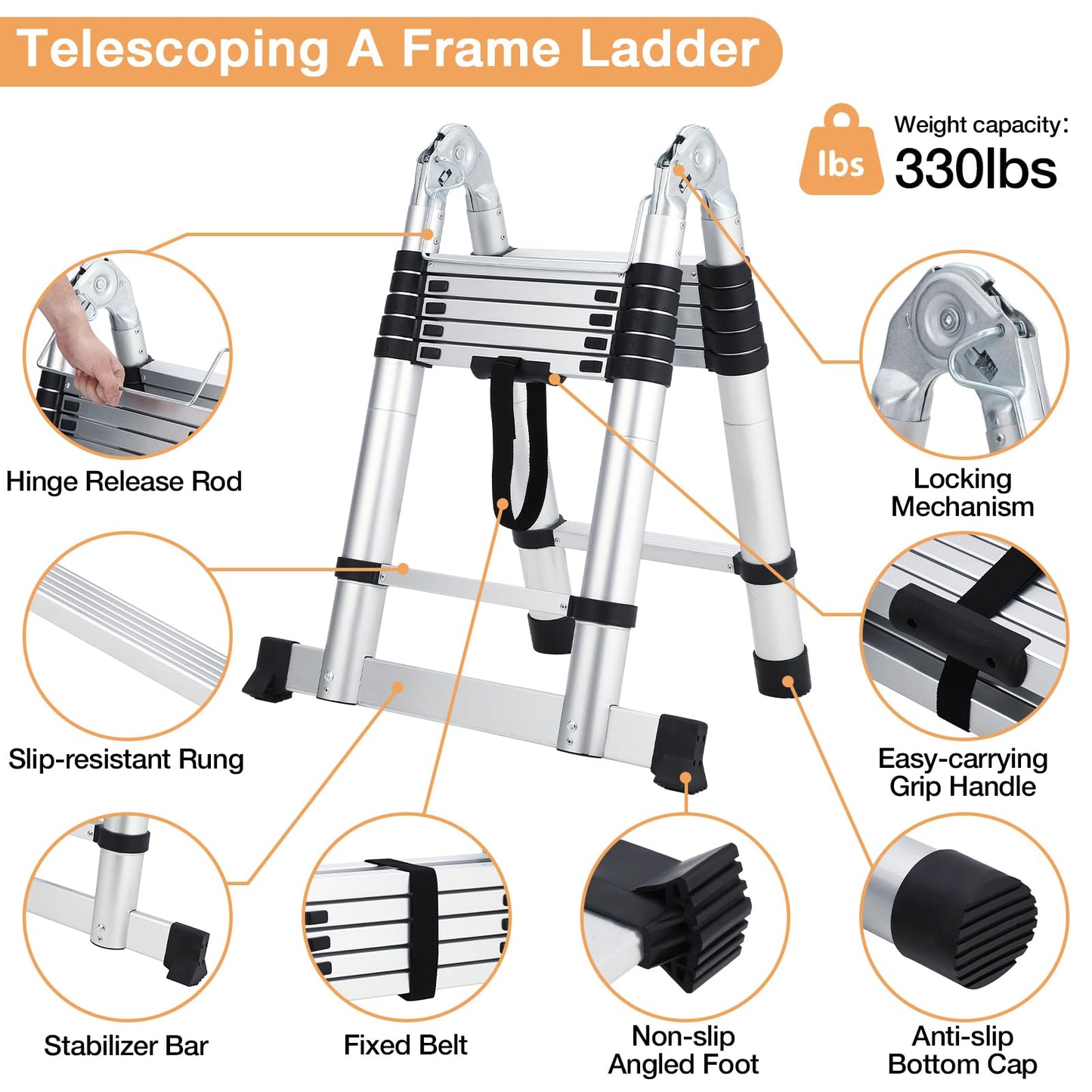18.5 ft Aluminium Telescoping Ladder, Multi-Use a-Frame Collapsible Ladder with Non-Slip Feet and Stabilizers, Portable & Lightweight, Ideal for Household, Outdoor Working and Garden Use