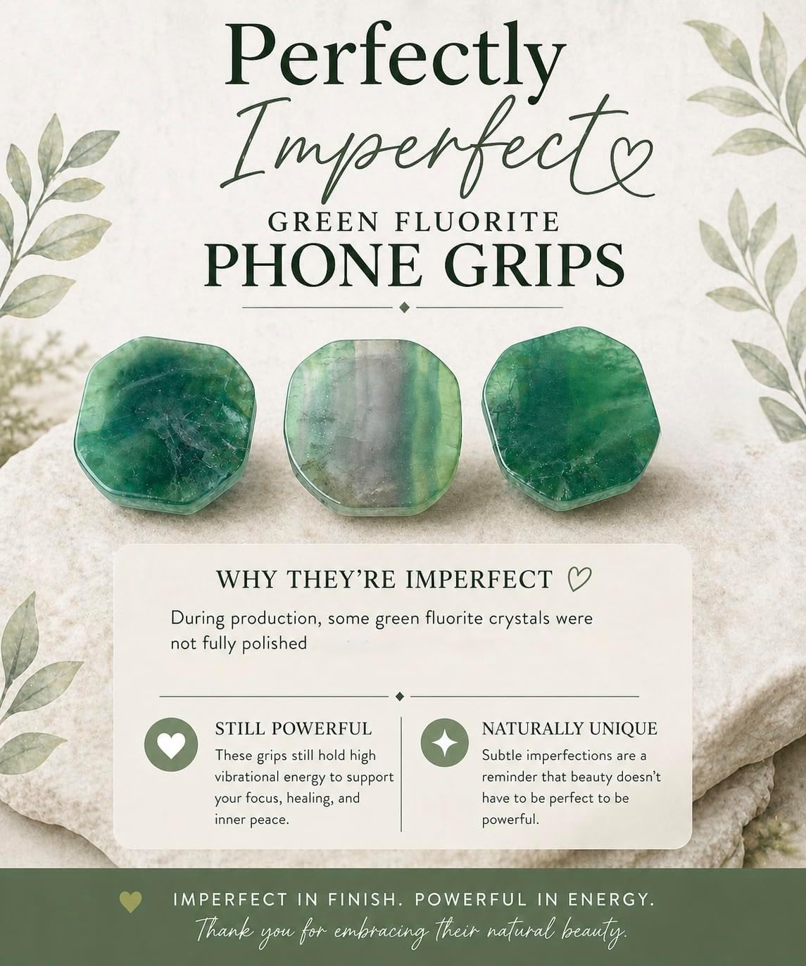 CRYSTALFY Grips by Perfectly Imperfect Green Fluorite Crystal Phone Grip Holder & Expanding KickstandNatural Gemstone