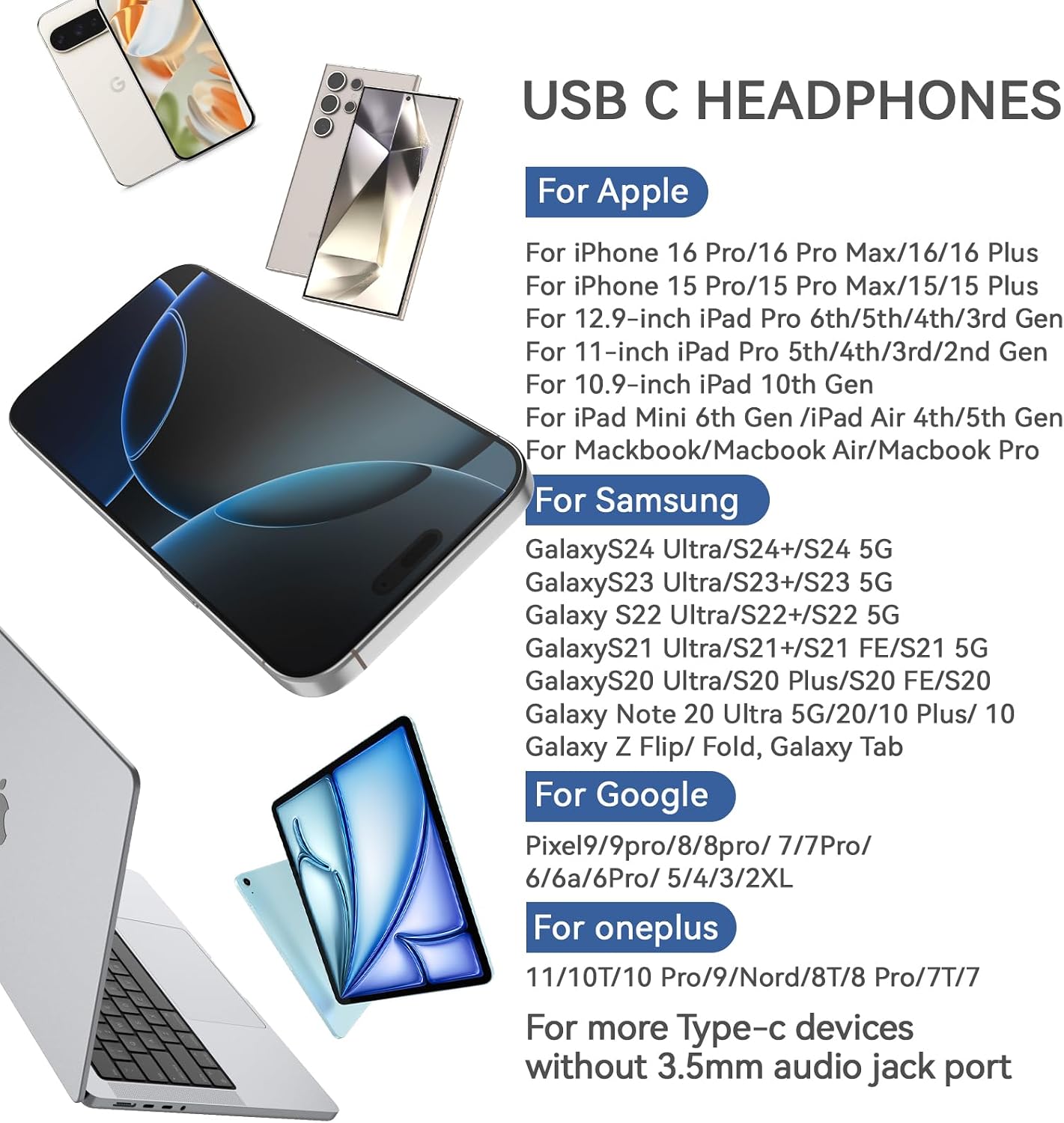 USB C Wired Earphones with Microphone & Volume Control, Type-C in-Ear Headphones with Portable Pouch & Noise Isolating