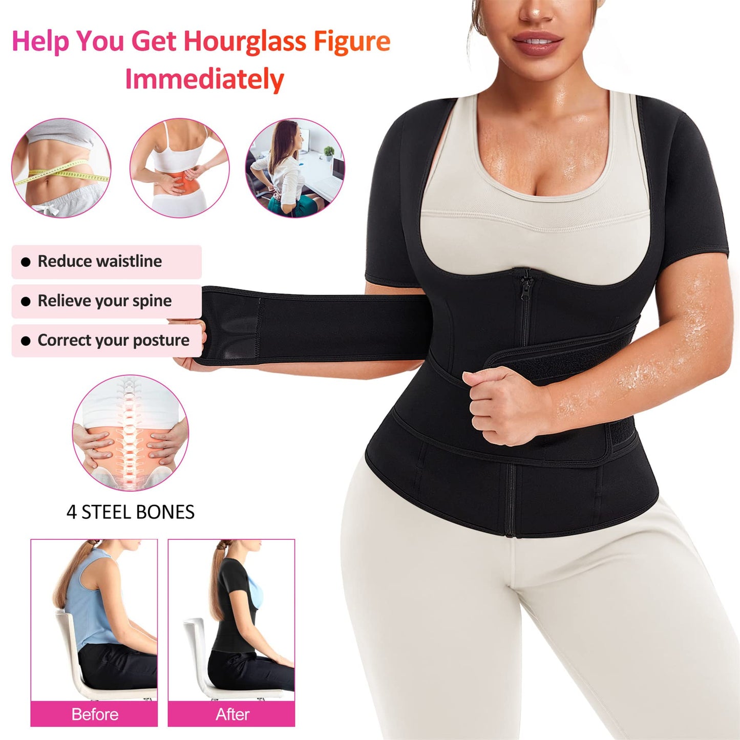 Eleady Women Waist Trainer Corset Trimmer Belt Neoprene Sauna Sweat Suit Zipper Body Shaper with Adjustable Workout Tank Tops (Black, Small)