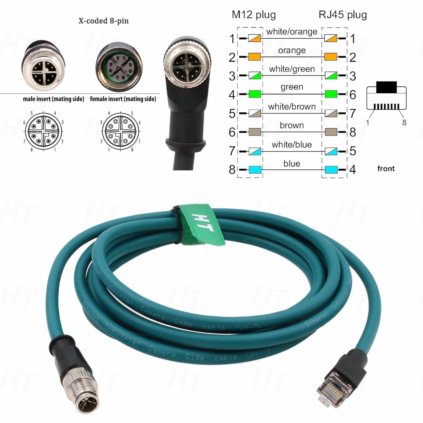 M12 8 RJ45 CAT-7e 1M Ethernet Pin X-Code GigE Cable for Basler Cognex Vision Camera Sensor Barcode Reader PLC Router