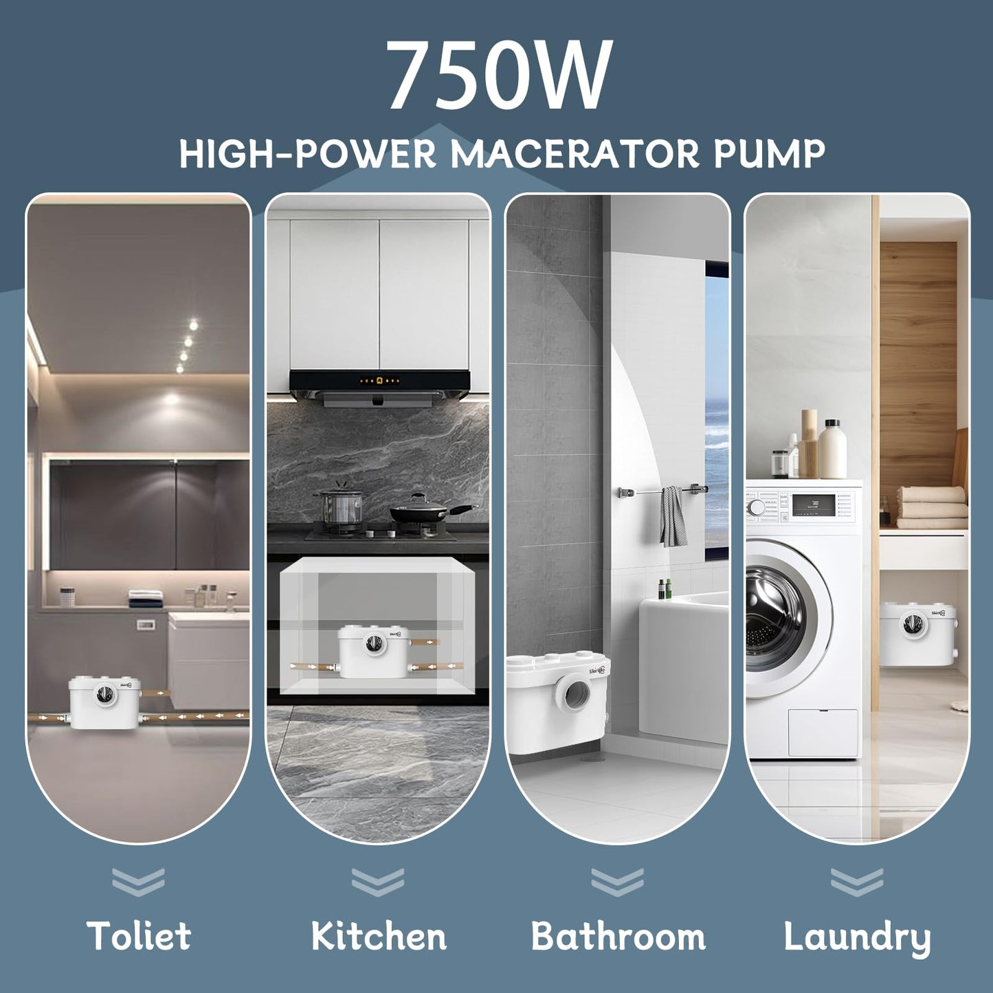 750W Macerator Pump, Advanced Grinding Upflush System, Macerating Toilet Sewerage Pump for Basement, Sink, Toilet, Laundry, Kitchen