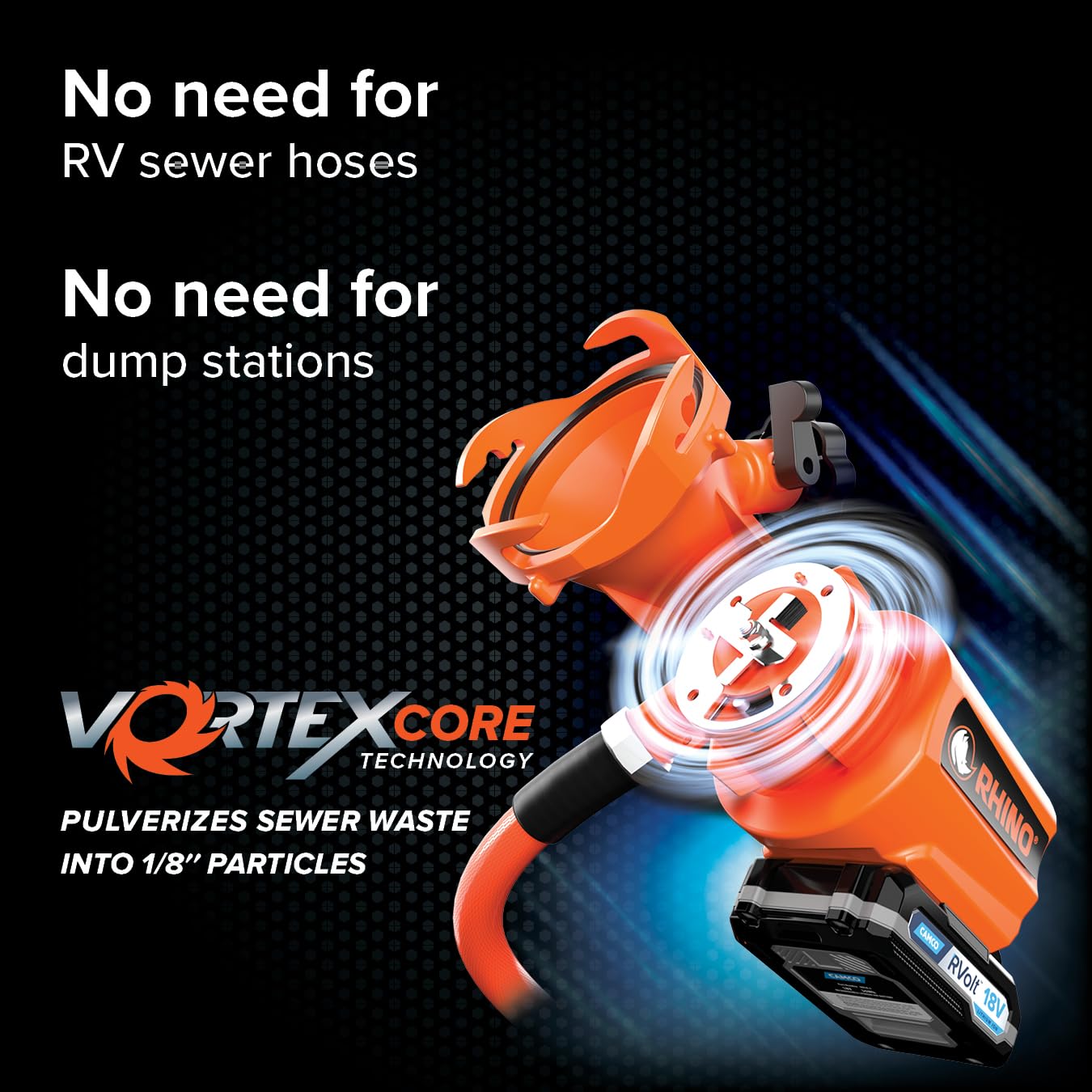 Camco Rhino 18V Cordless RV Macerator Pump – Portable Sewage Waste Pump System, Lithium Battery Powered, Pumps Uphill & Long Distance, Fits 3”–4” Sewer Outlet, Quiet Brushless Motor, 12 GPM (39030)