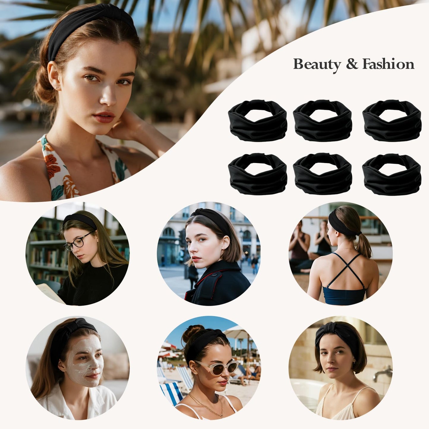 HSEM Headbands for Women, Wide Elastic Head Bands, Non-Slip Thick Hair Bands, Sports Stretchy Sweat Bands, Large Knotted Soft Headband for Washing Face, Makeup, Workout, Spa, Fashion, 6-Pack Black