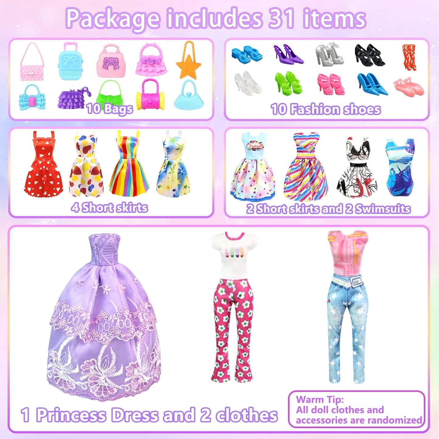 Skiennix Doll Clothes Set - 11.5 Inch Doll Dress Up with Wedding Gown, Fashion Dresses & Accessories