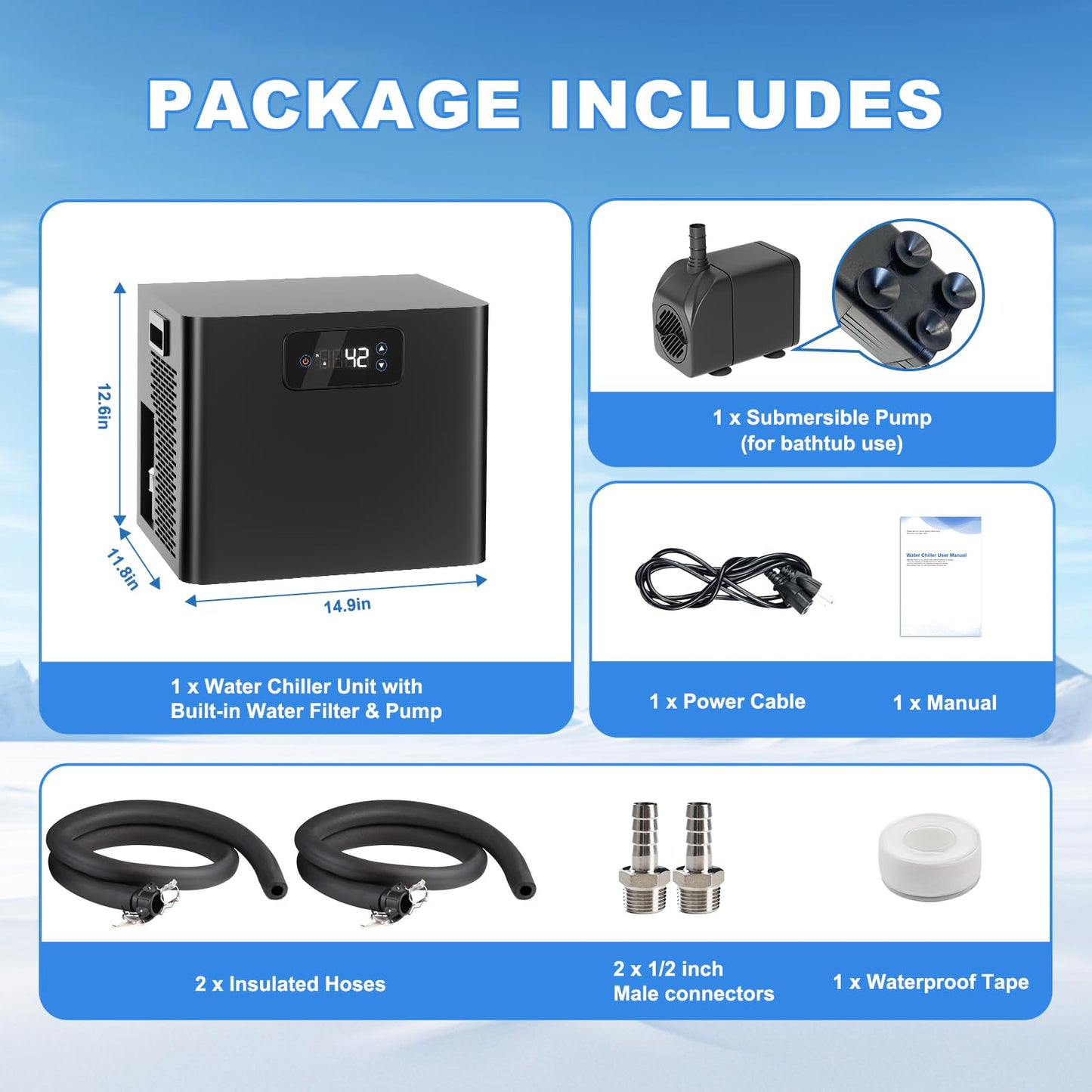 Ice Bath Water Chiller for Cold Plunge Tubs, 1/3HP Upgraded Cold Plunge Chiller with Built-in Pump & Filter, Submersible Pump, Insulated Hoses, Ideal for Cold Therapy Recovery Ice Bath Tubs 110V
