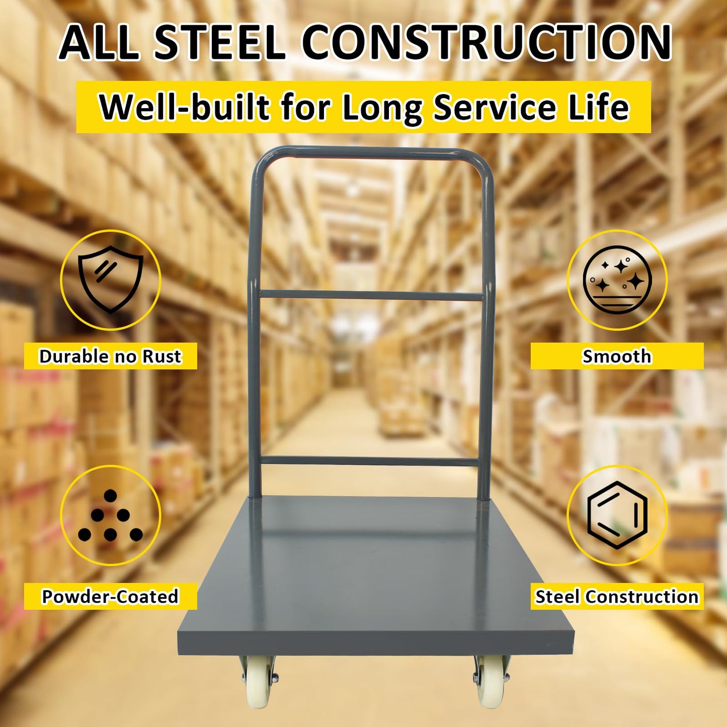 Heavy Duty Platform Truck Moving Flatbed Cart, 24"x36"Push Dolly, 2000 LBS Dolly Cart Flatform with Wheels and Handle, Steel Flatbed Cart for Luggage Moving, Shopping