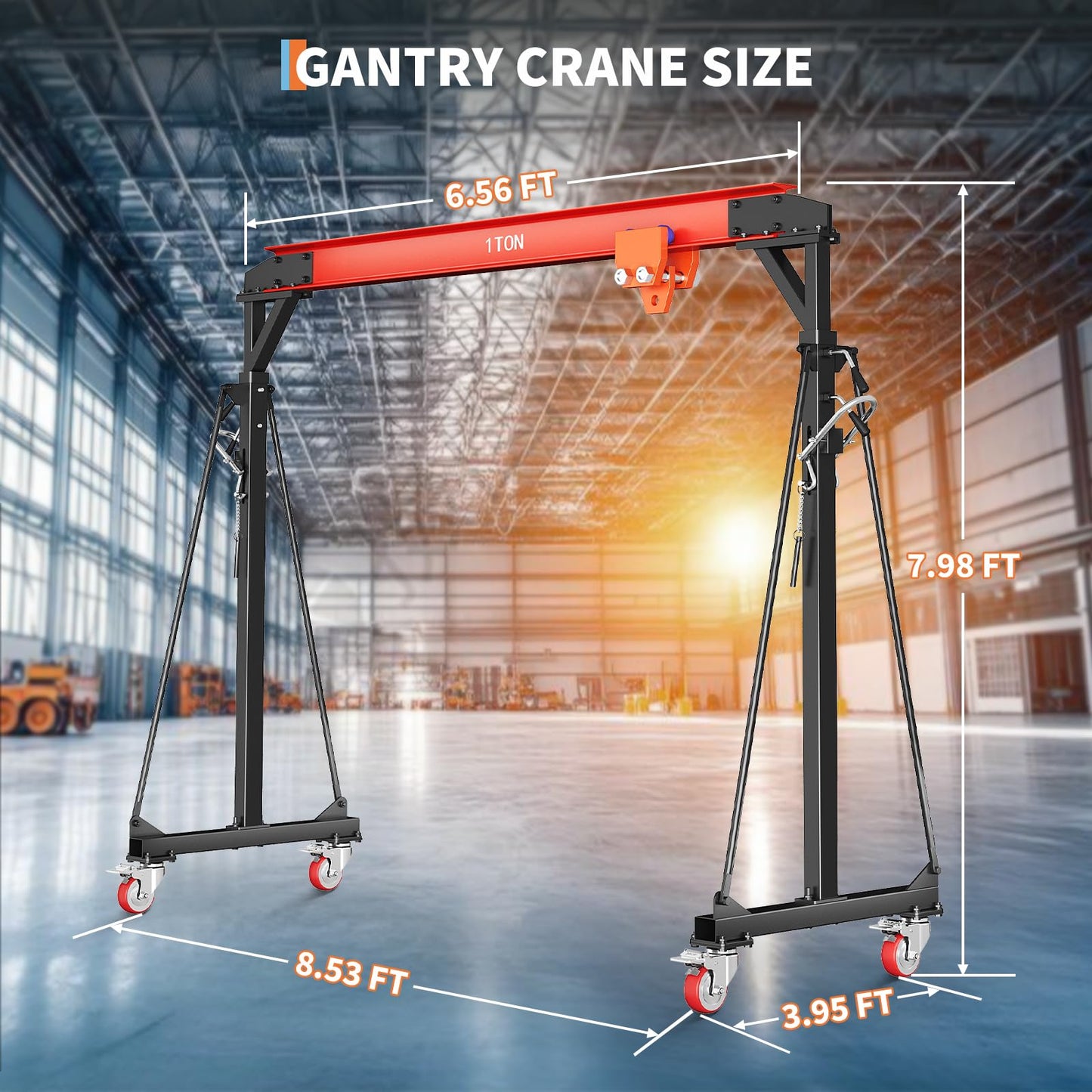 1 Ton Gantry Crane, 2200 LBS Adjustable Gantry Crane with 8-12 ft Height, Shop Lift Hoist with Manual Trolley, Hook & Shackles for Warehouse, Factory