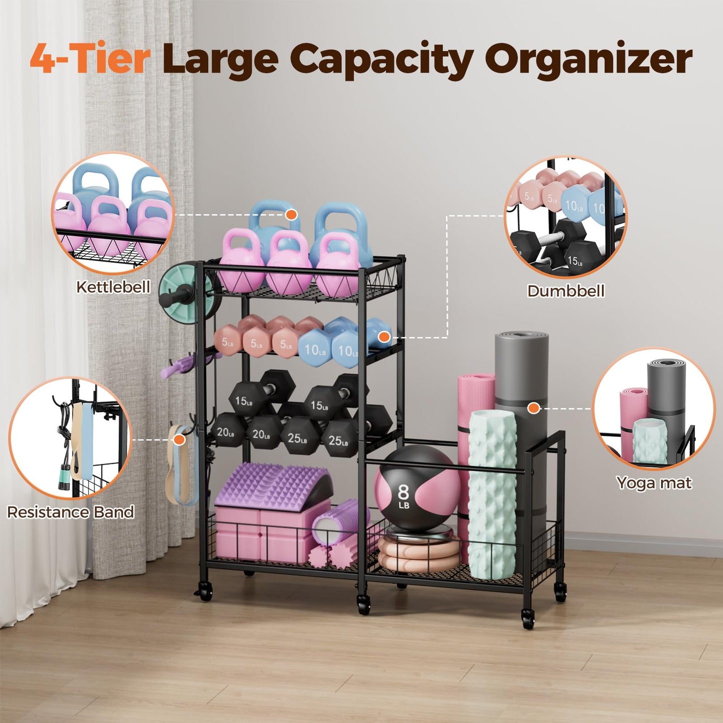 HavenlyYouth 4-Tier Weight Rack Storage for Home Gym, Adjustable Dumbbell Stand Organizer with Wheels, Holds Dumbbells, Kettlebells, Yoga Mats, Fitness Equipment & Workout Accessories