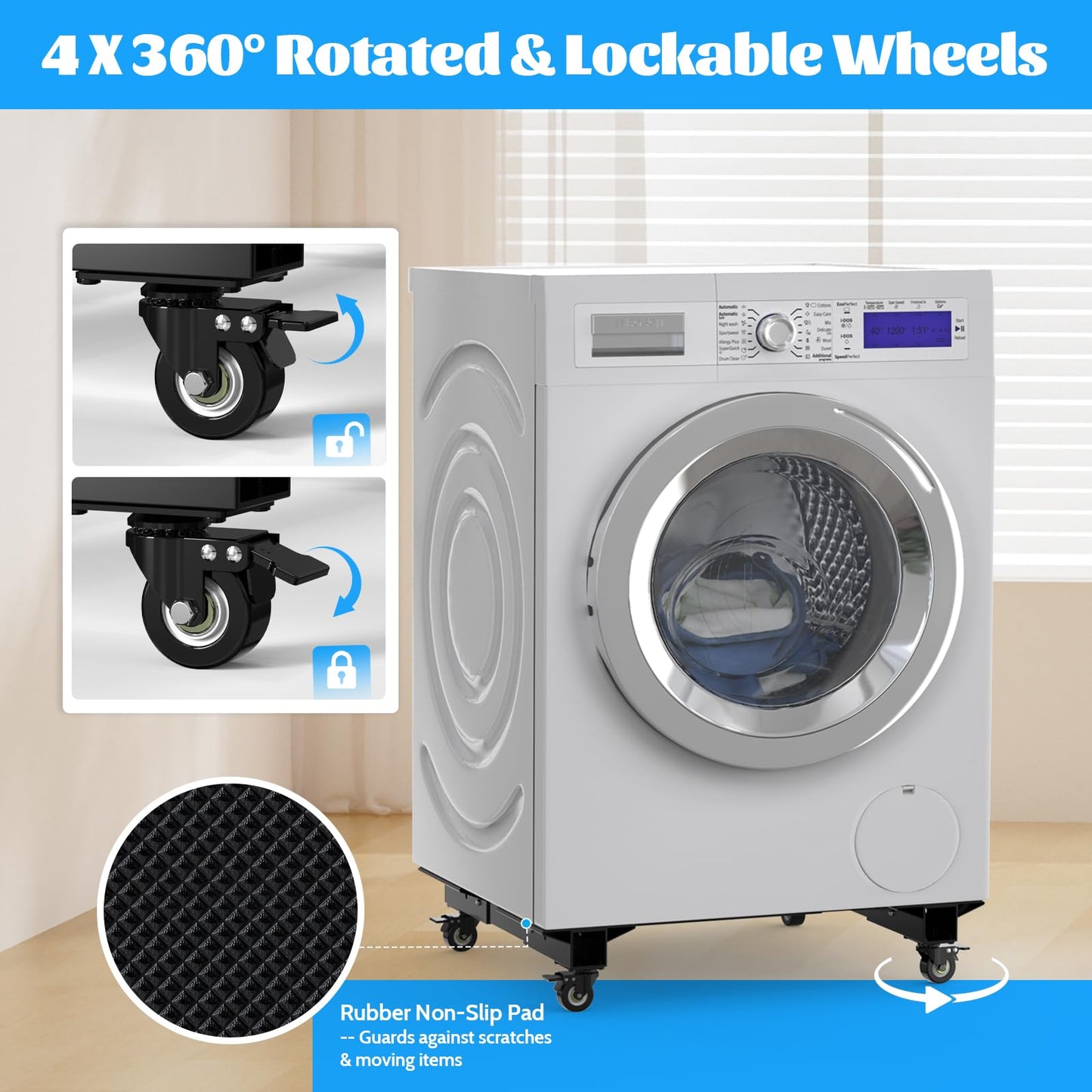 Furniture Dolly 1500LBS Capacity, Adjustable Heavy Duty Iron Moving Dolly Cart with 4 Lockable Caster Wheels, Stand Base for Washing Machine Refrigerator Dryer with Non-Slip Mat Easy Moving