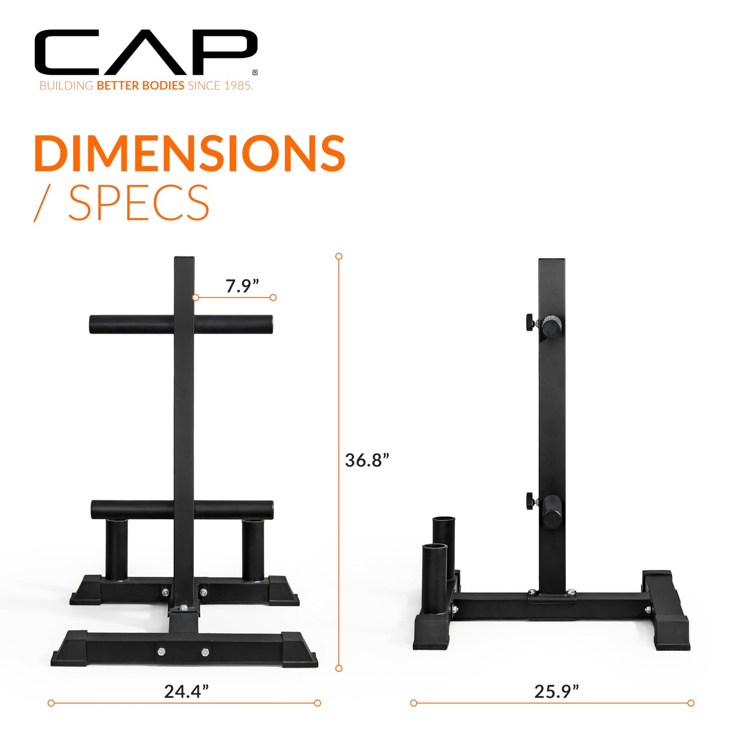 CAP Barbell Olympic Bumper Plate Tree Rack with 4 Weight Plate Posts and 2 Barbell Storage Holders – Heavy-Duty Steel Gym Organizer for Olympic Plates and Bars - Black