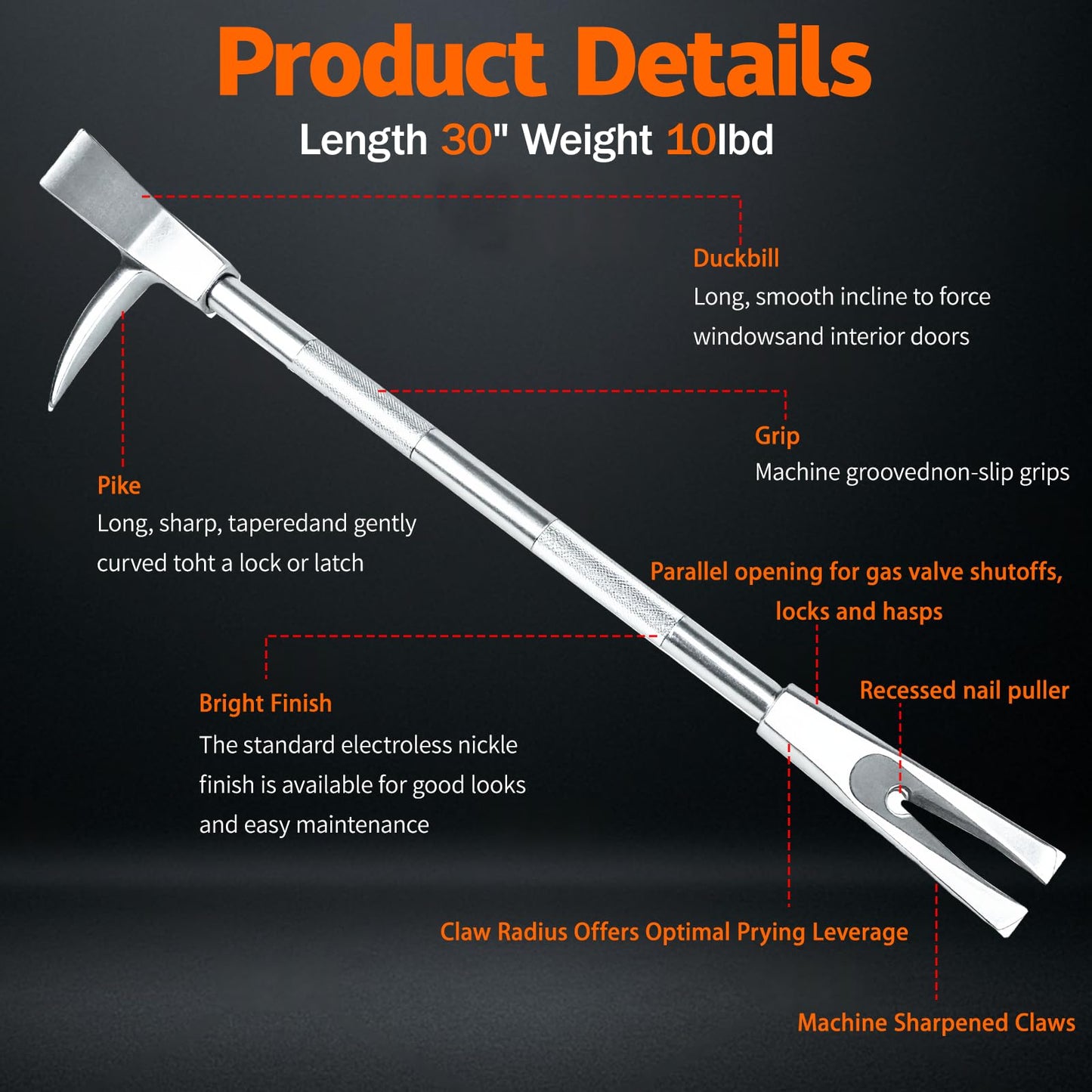 30 inch Halligan Bar, High-Precision Carbon Steel Construction, Halligan Forced Entry Tools, Firefighter Tool for Fire Rescue and Emergency Breakthroughs