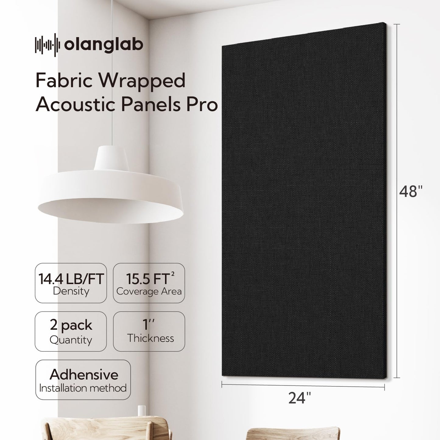 Olanglab Acoustic Panels 2 Pack, 48''x24'' Large Sound Panels, Fabric Wrapped Sound Proof Foam Panels for Walls, Sound Absorbing Panels for Recording Studio Acoustical Treatments (Black)