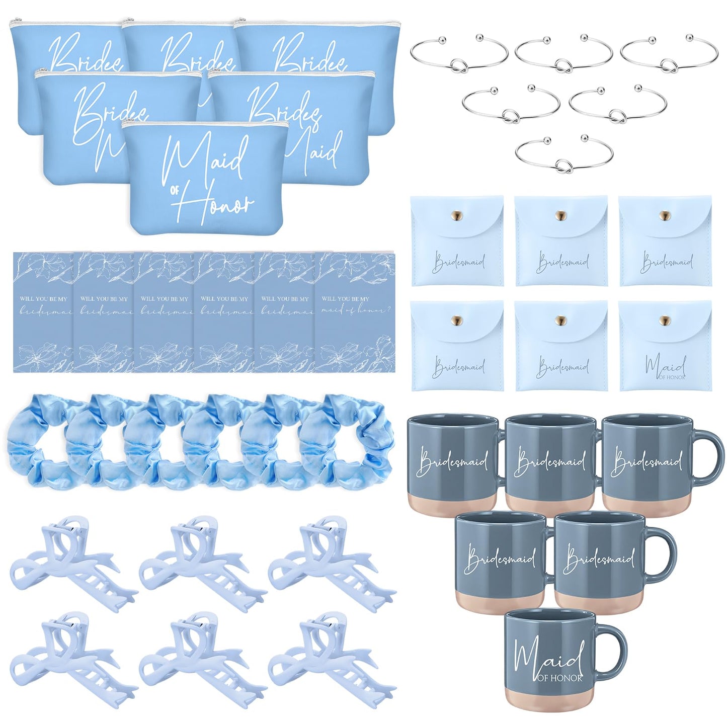 Didaey 42 Pcs 6 Sets Bridesmaid Proposal Gifts, Wedding Favors for Bridesmaids & Maid of Honor Ceramic Coffee Mugs Makeup Bags Invited Cards Scrunchies Bracelets Jewelry Bags Hair Clips(Blue)