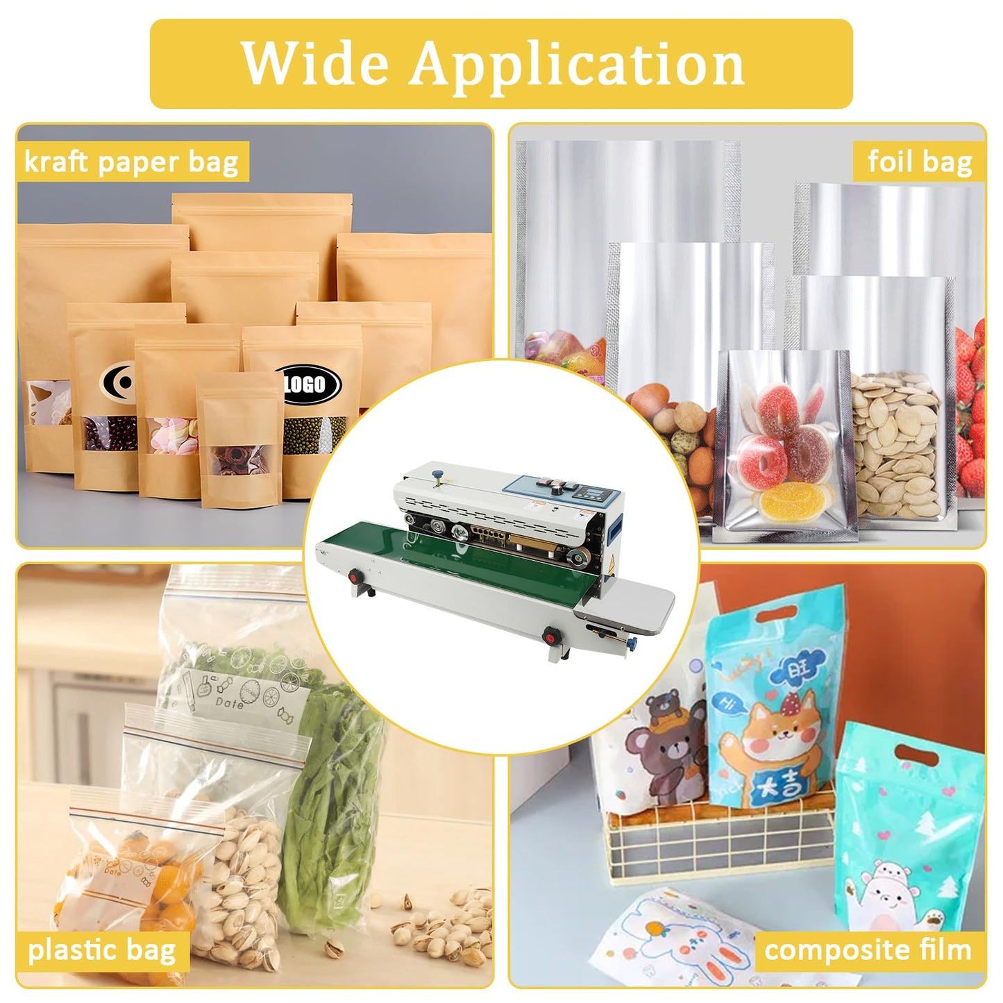 MilleLoom Continuous Band Sealer Machine - FR-900K Horizontal Automatic 110V with Digital Temperature Control for 0.02-0.08 mm Commercial PP/Aluminum Foil/PVC Plastic Bags