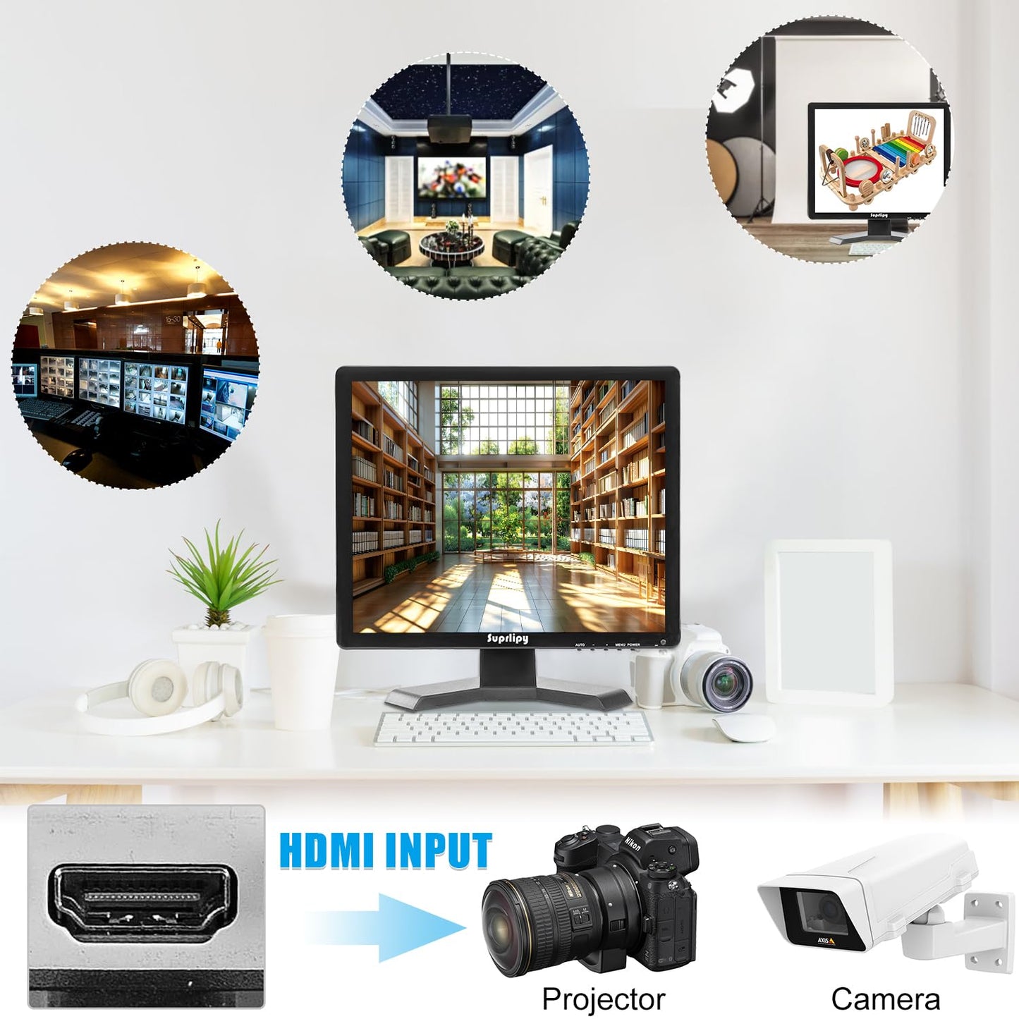 Suprlipy 17 Inch TFT LCD Security CCTV Monitor 1280x1024 4:3 Resolution Color Display Screen with HDMI/VGA/AV/BNC/MIC USB Earphone Input Built-in Dual Speakers for Home Security Monitor Gaming
