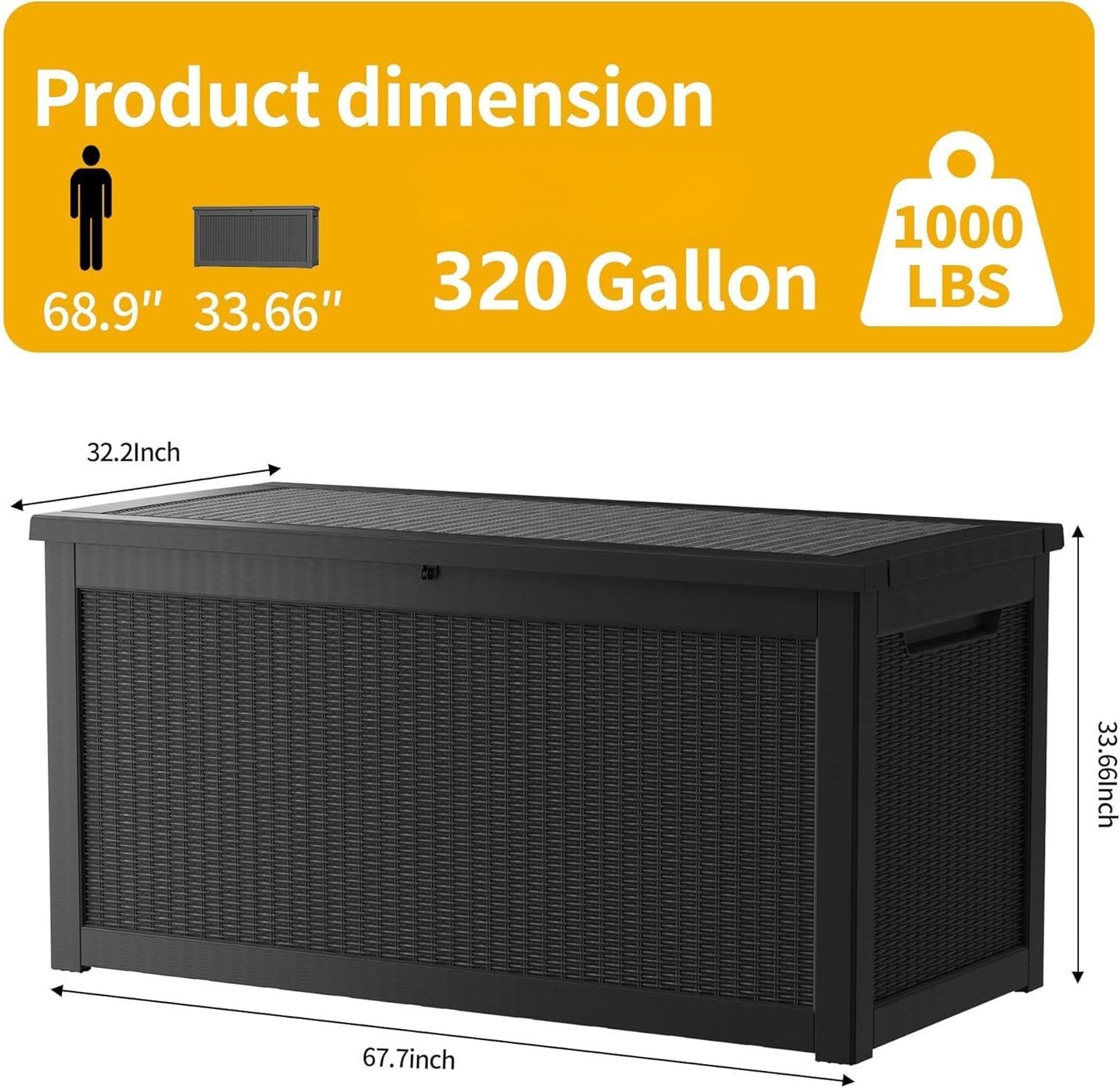 Decksplore 320 Gallon Resin Deck Box, Waterproof Outdoor Storage Bin for Patio Furniture, Pool Accessories, and Garden Tools, Lockable & UV-Resistant, Black