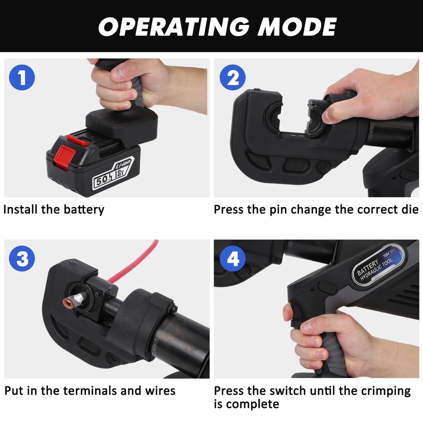 Loriven Electric Crimping Tool Rechargeable for Crimps Cu/Al Terminal 12 Ton 6AWG to 800MCM with 12 Dies Efficiency and Safety Non-Serrated lug crimper Tool(EC-400)