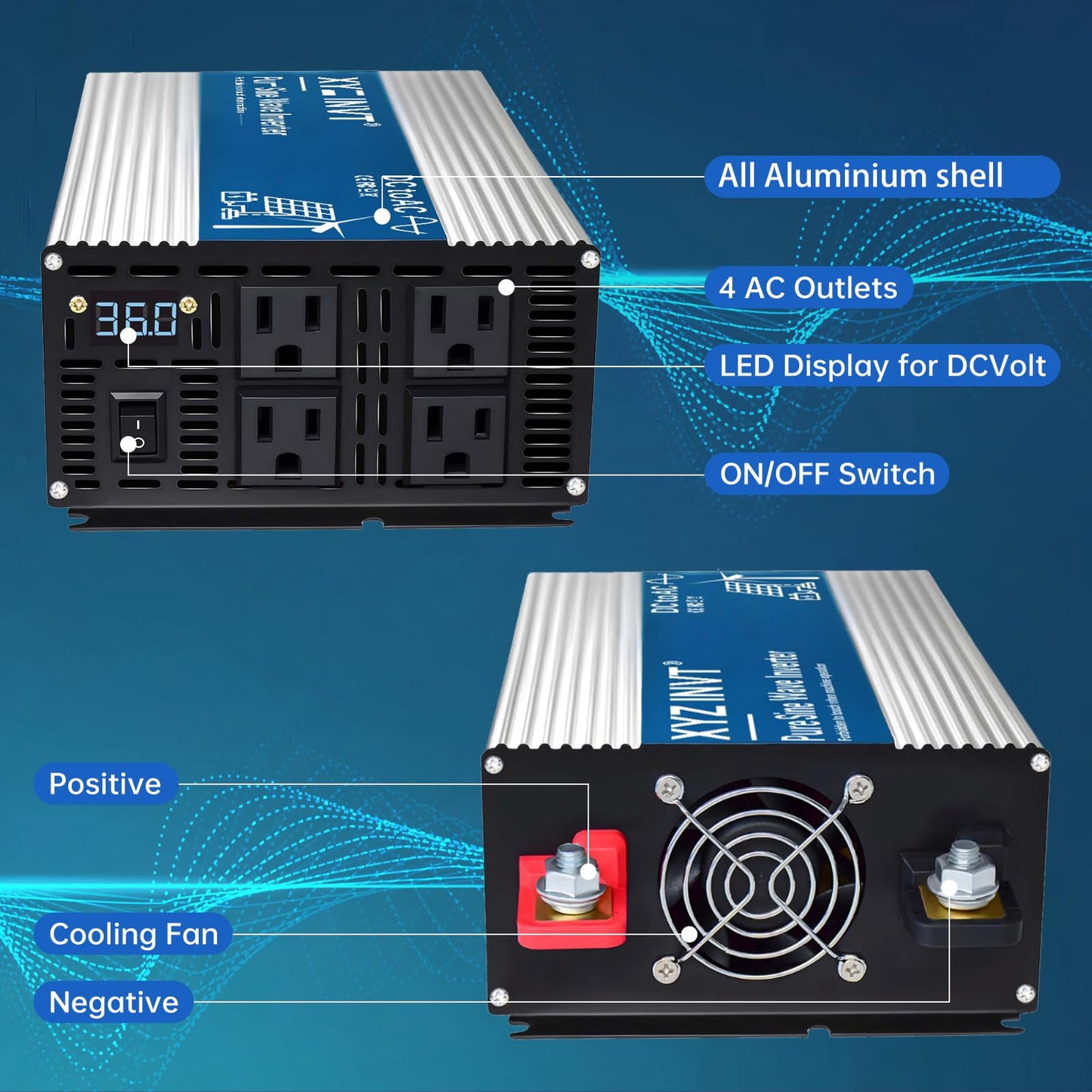 XYZ INVT 2000W Pure Sine Wave Inverter DC 12V to AC 110V 120V, 3600W Peak Power Inverter with 4 AC Outlets and LED Display for Car, Truck, Solar, Home Off Grid Over 90% Efficiency