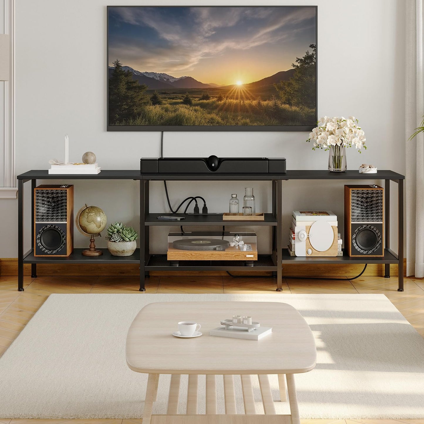 HOOBRO TV Stand with Power Outlets to 75 Inches, TV Console Table with Open Storage Shelves Cabinet, Industrial Media Entertainment Center for Living Room Bedroom, Black BB80DS01