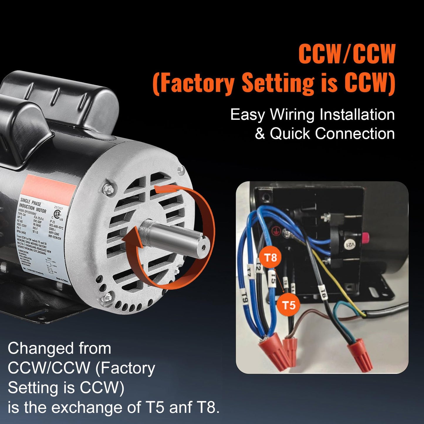 VEVOR 5HP Air Compressor Electric Motor, 230V 25 Amps, 56HZ Frame 3450RPM, 7/8" Keyed Shaft, 2.25" Shaft Length, Single Phase, CCW/CW (Factory Setting is CCW)
