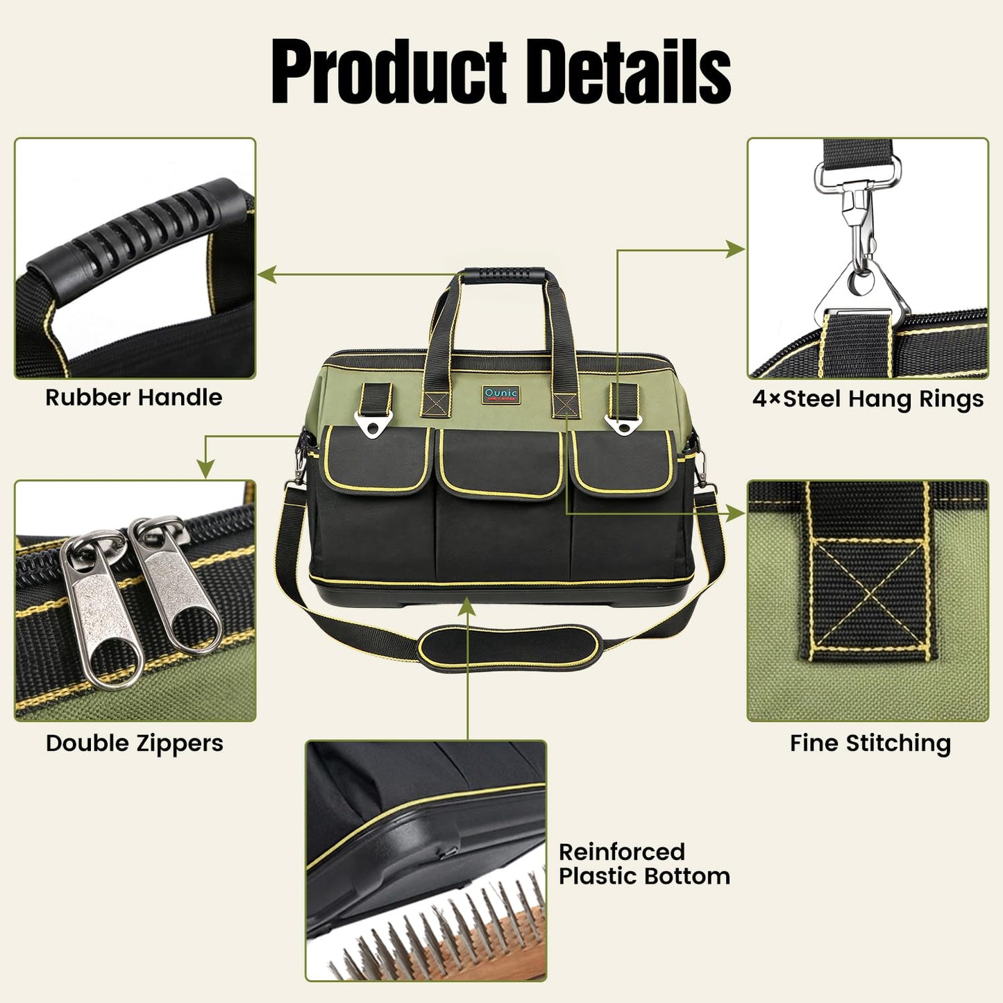 Tool Bag, Ounic 18 Inch Large Tool Tote Bag Heavy Duty With Waterproof Molded Base, Wide Mouth Tool Box Organizer with Adjustable Shoulder Strap for Electrician Mechanic Craftsman Plumbers(Green)