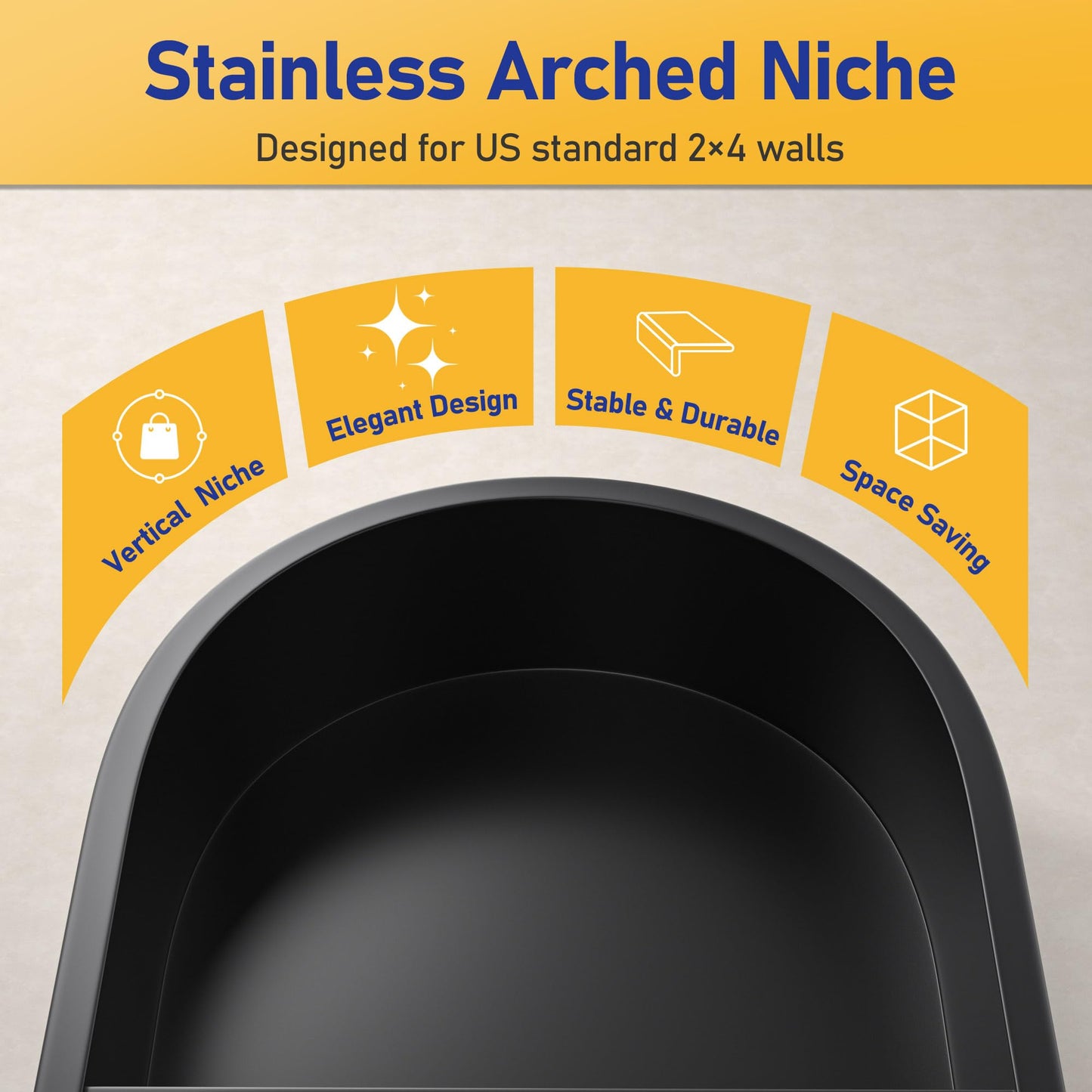 Bernkot Stainless Steel Arched Shower Niche 24" X 12" Matte Black No Tile Needed Vertical Niche Shower with 3-Tier Shelves Recessed Wall Arched Niches for Bathroom Storage
