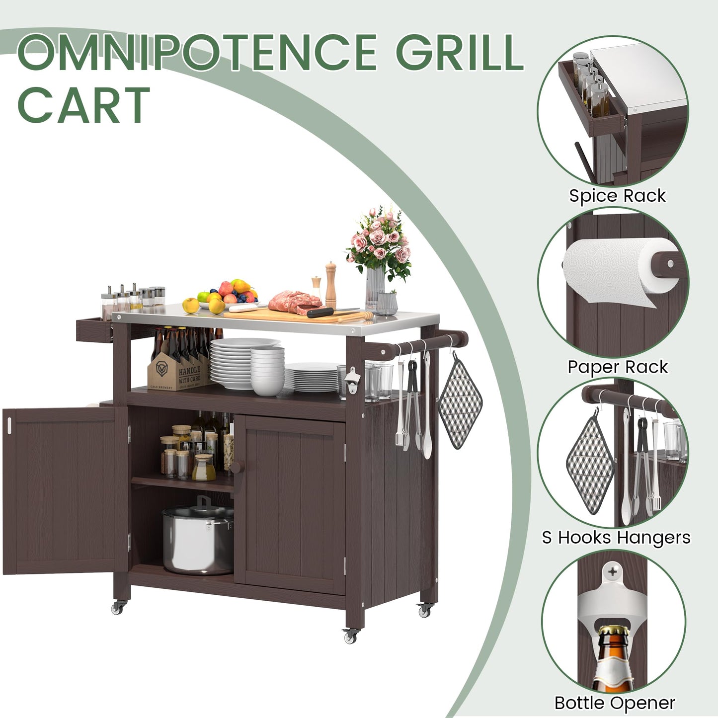 Sunnibety Weatherproof HIPS Outdoor Kitchen Island with Stainless Steel Top & Storage Cabinet, Movable Prep Table with Wheels for BBQ Food Prep, Outdoor Grill Cart for Parties, Brown