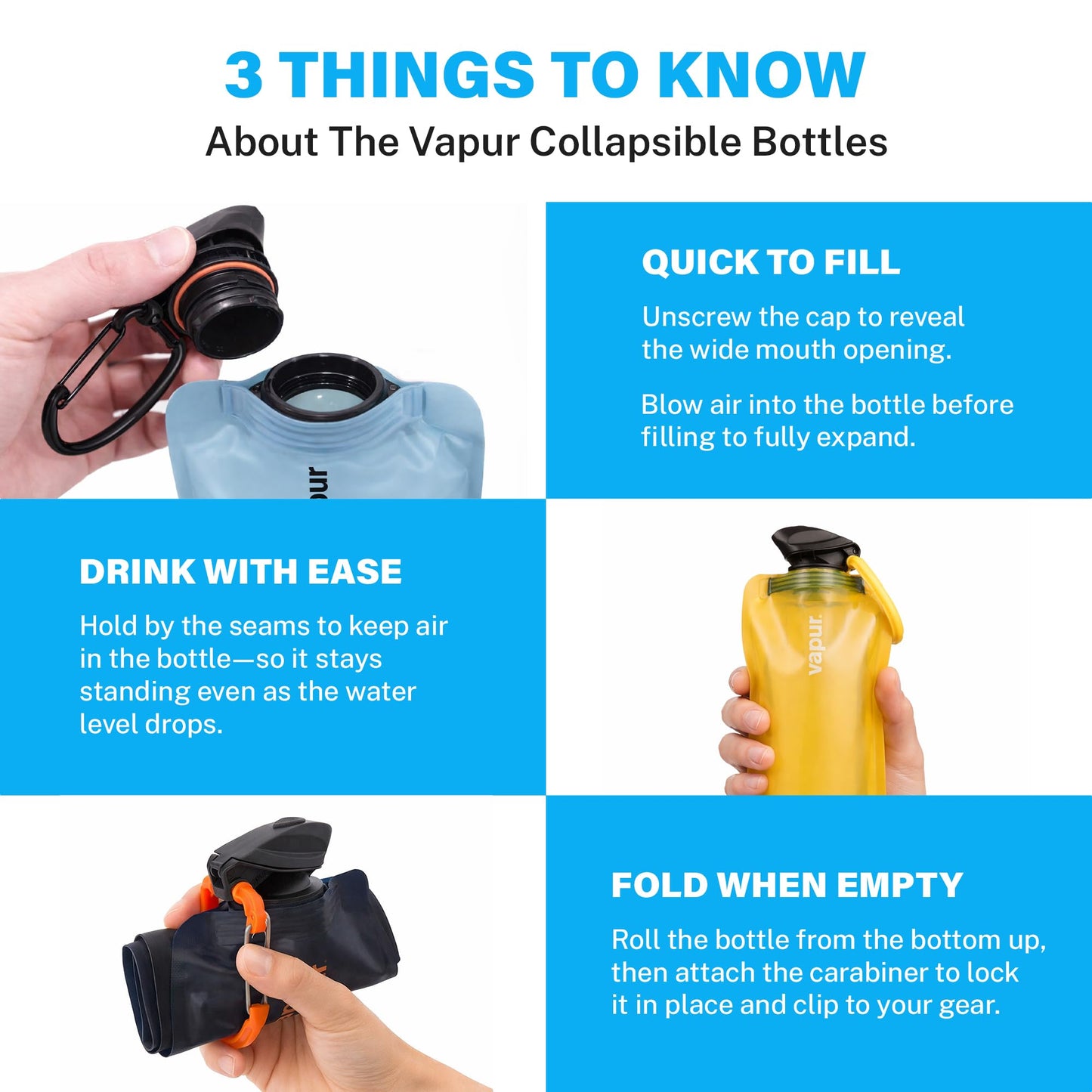 Vapur Collapsible Water Bottle with Carabiner - 34oz (1L), Blackout - Flexible and Lightweight Water Bottle for Travel, Concert, Hiking, and Outdoor Adventures - BPA-Free, Dishwasher-Safe, Freezable