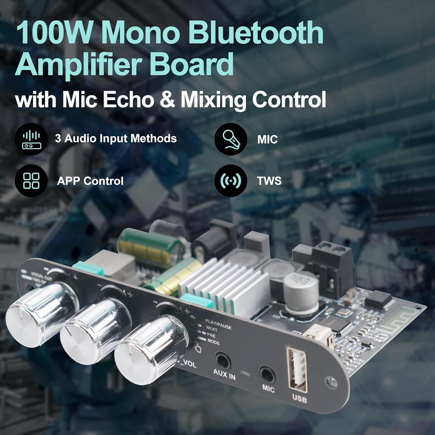 ZK-1001U 100W 9-24V PRO with Mic Input Blue-Tooth Mono Amplifier Board, Echo & EQ, TWS Pairing, USB/AUX, Adjustable Mic