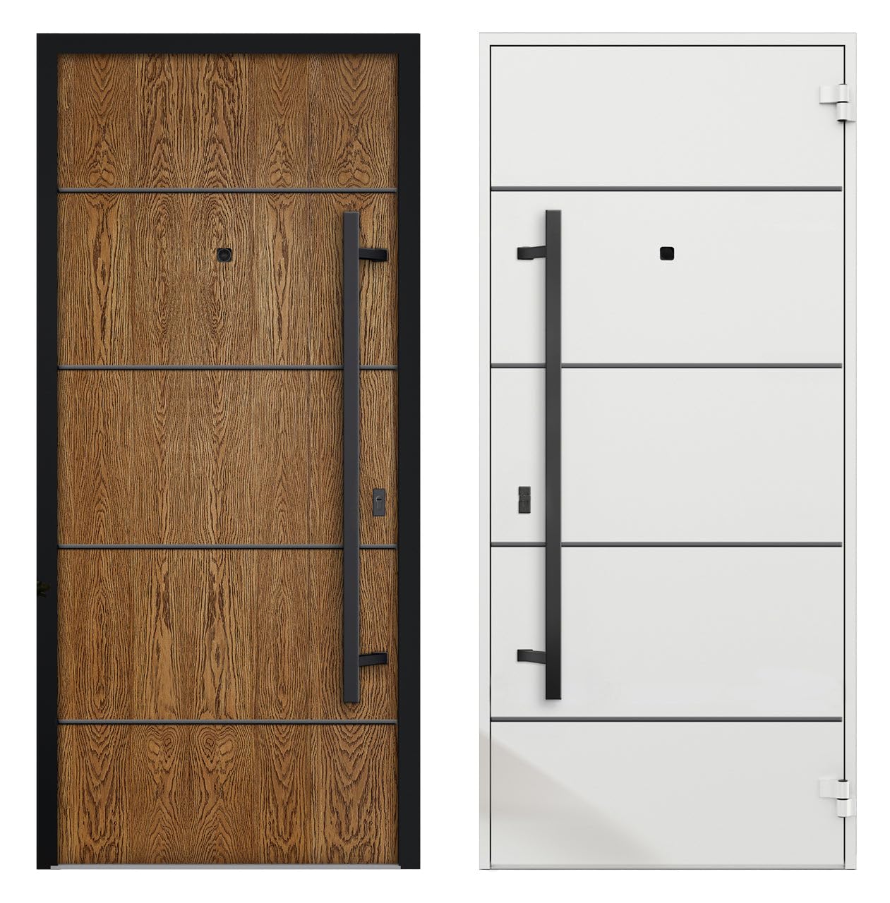 VDOMDOORS Front Exterior Prehung Steel Door/Deux 6683 Natural Oak/Side and Top Exterior Window Sidelite/Entry Metal Modern Painted W36+16" x H80+16" Right Hand Inswing