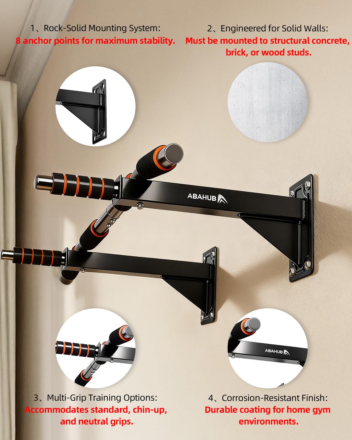 Abahub Wall Mounted Pull Up Bar, Multi-Grip Chin-Up Bar for Home Gym Workout, Drill-installed, Heavy-Duty & Stable Training Bar with 440lbs Capacity, Black-Orange