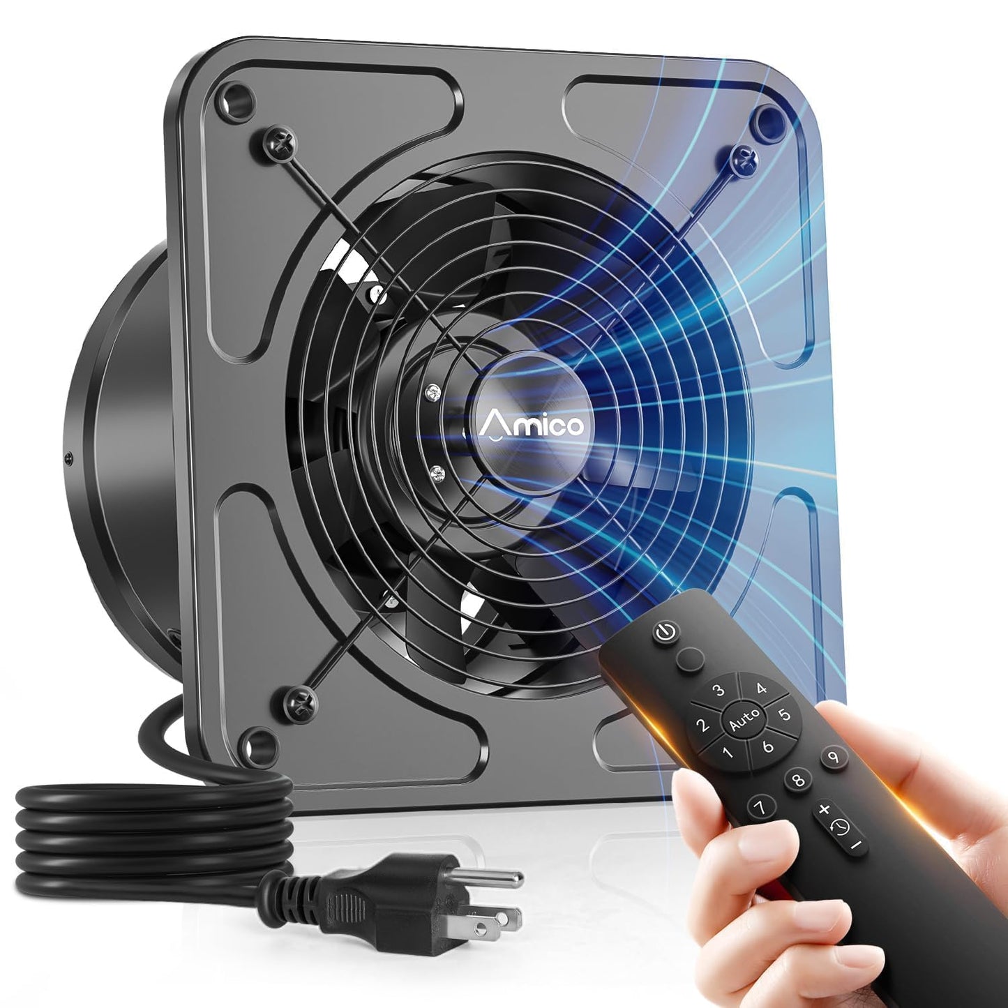 Amico 8 inch Kitchen Exhaust Fan with Remote, 686 CFM High Airflow Extractor Fan, Energy Efficient 29W EC Motor Ventilation Fan for Garage, Attic & Greenhouse, 9-Speed, Timer, Low Noise 50dB,FCC,Black