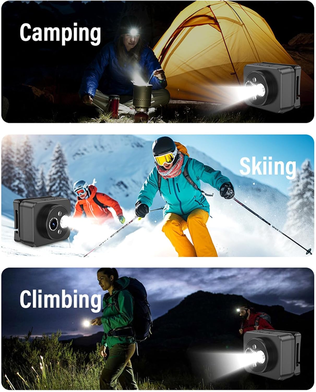 ciciglow 1080P 128GB Head Mounted Action Camera, Adjustable Angle Small Head Mounted Sports Camera, LED Headlamp