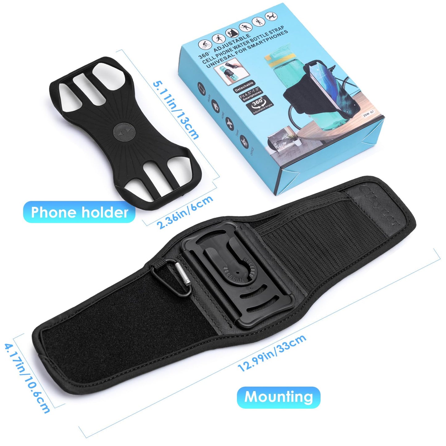 Cikyner Water Bottle Strap, Water Bottle Holder for Mobile Phone 360° Rotatable & Removable Water Bottle Pouch Gym Water Bottle Accessories for 4.5-7'' Mobile Phone & 18-40 oz Water Bottles (G7)