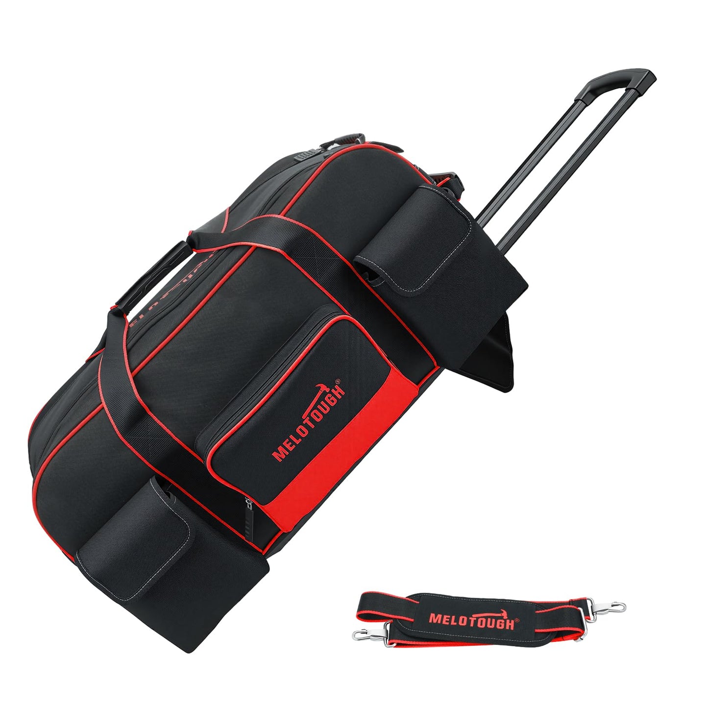 MELOTOUGH Rolling Tool Bag with Wheels,Large Capacity Tool Bag Organizer with Concealed Telescoping Handle for Electrician,Construction,HVAC,Technician (Red/Black)