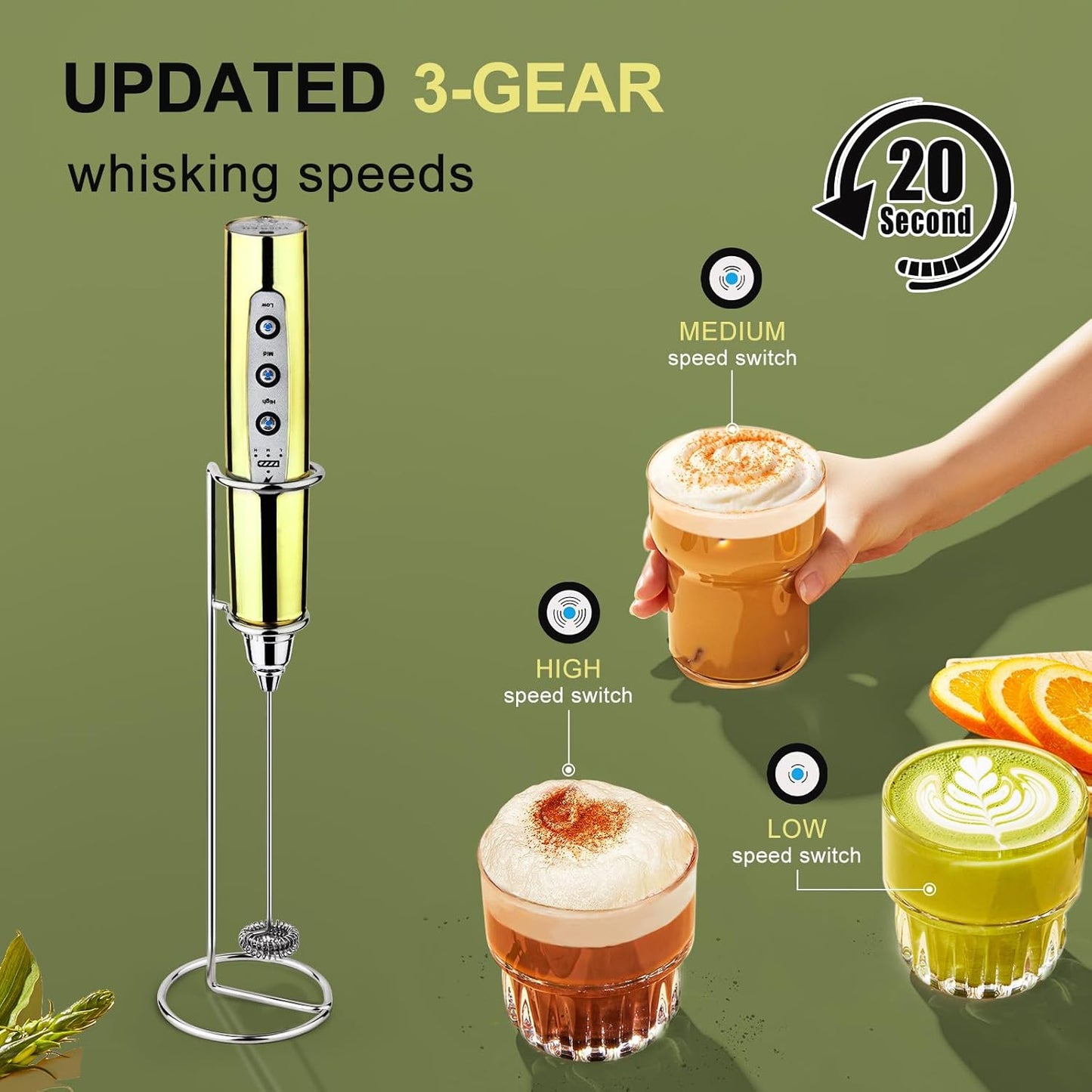 YUSWKO Handheld Milk Frother - Champagne Gold Electric Whisk with Stand, 3 Speeds & 3 Heads for Coffee, Latte & More