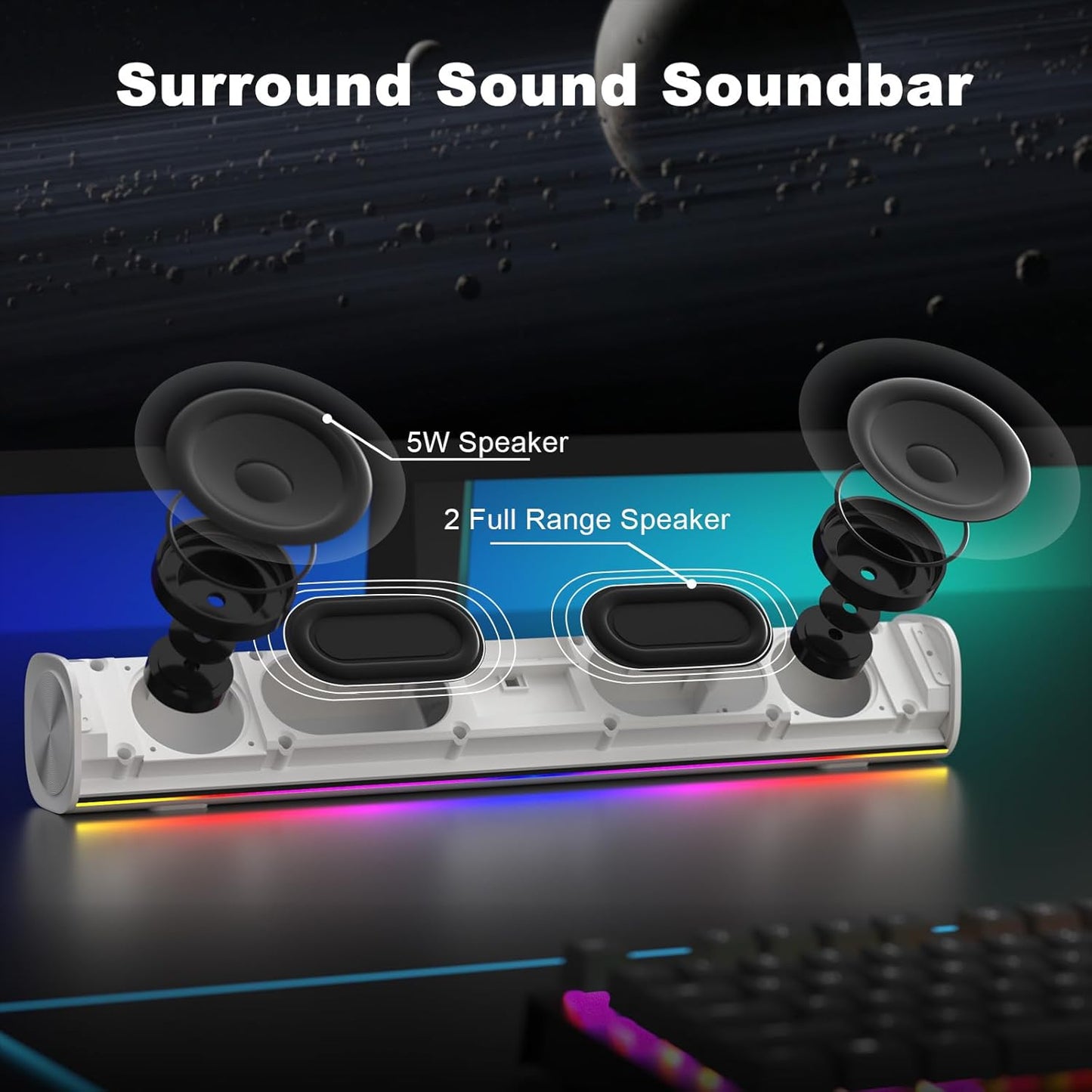 SOULION R100 Bluetooth Computer Speakers with Dynamic LED Light, USB Plug & Play PC Speakers with Switch Button