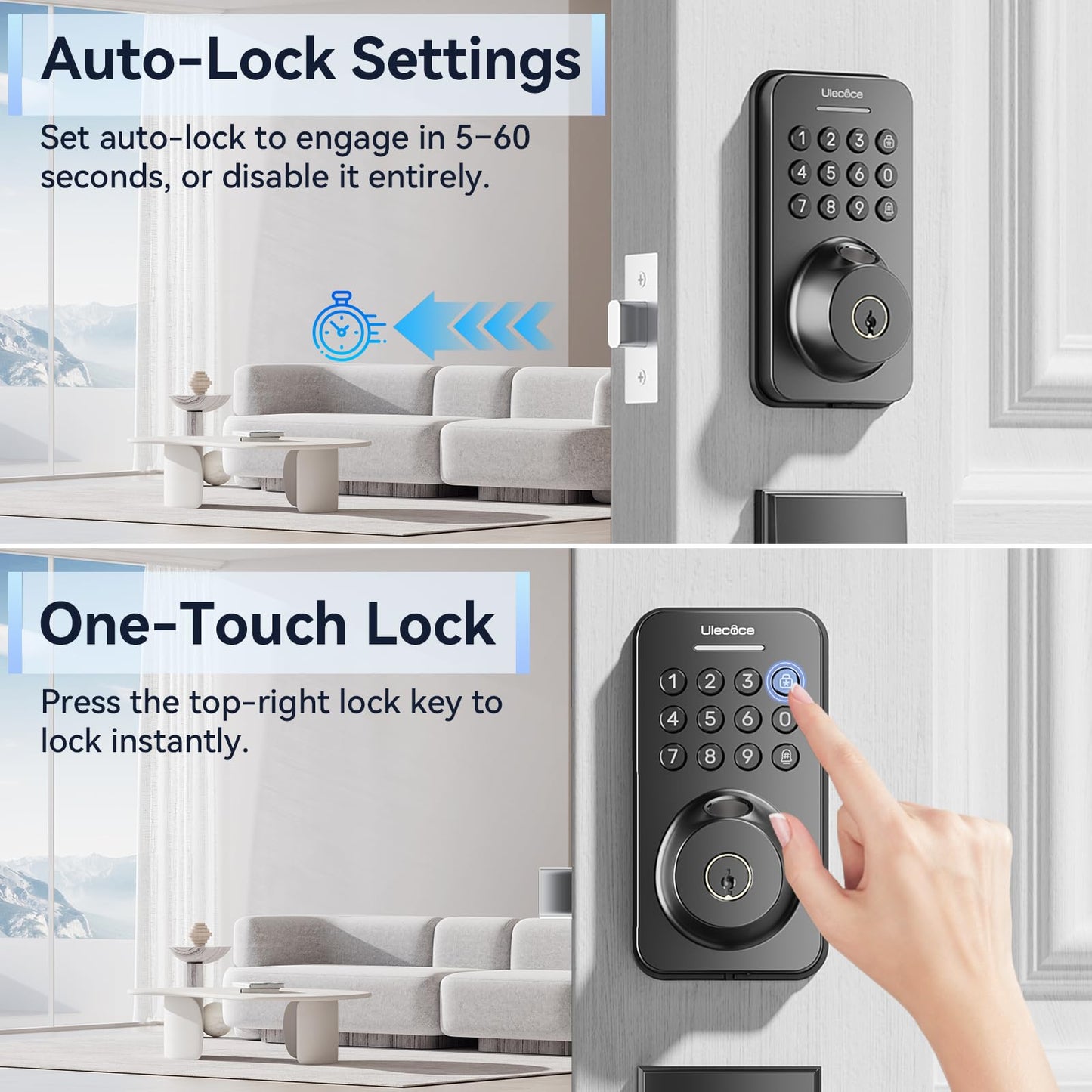 Ulecoce Fingerprint Keypad Deadbolt with Handle Set, Keyless Entry Door Lock, Door Locks for Front Door Lock Set, App Control, Auto Locking, Easy to Install, Matte Black