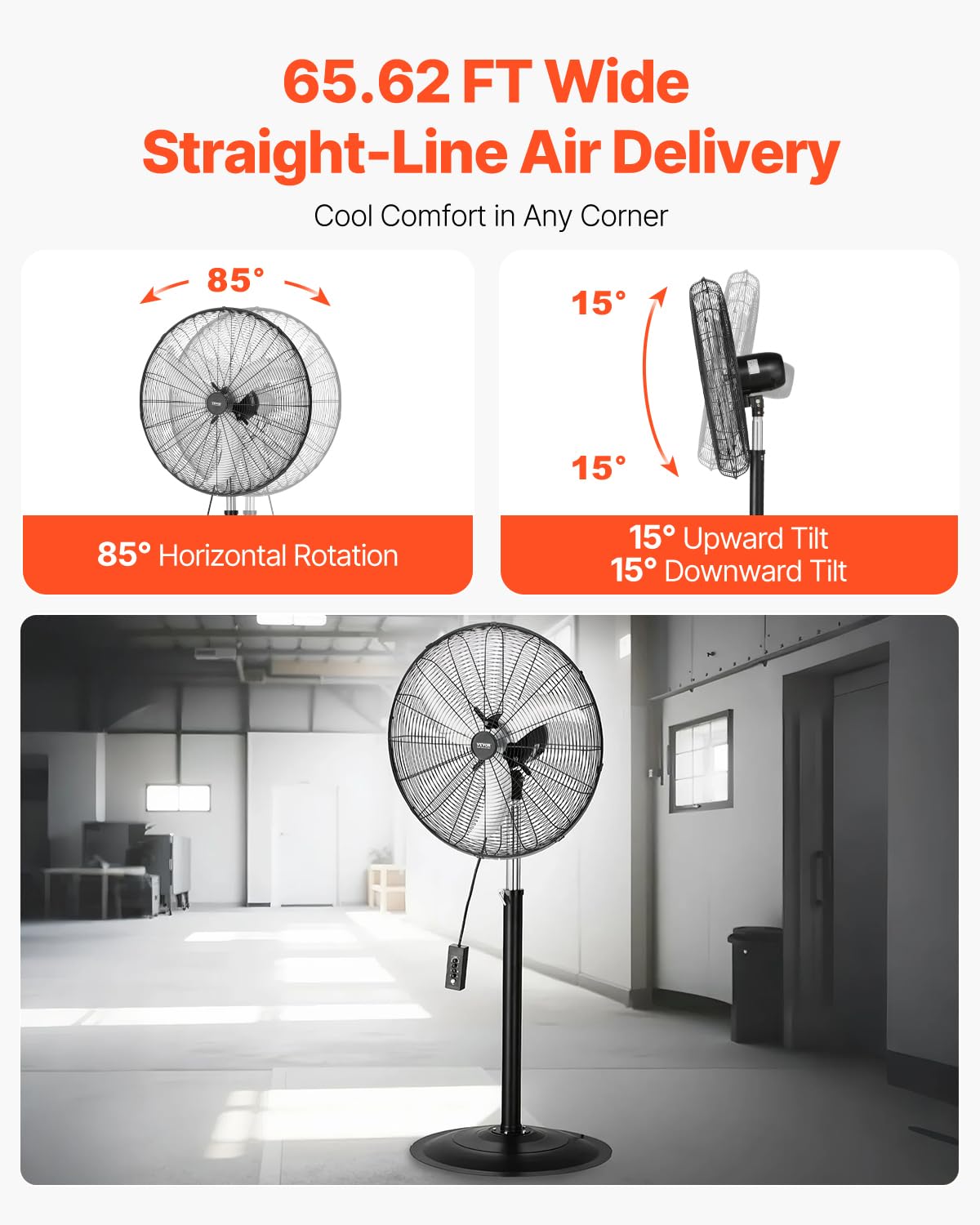 VEVOR Industrial Pedestal Fan, 30 Inch 85-Degree Oscillating Fan, Height Adjustable Standing Fans with 3 Adjustable Speeds, High Power Floor Fans for Office, Black
