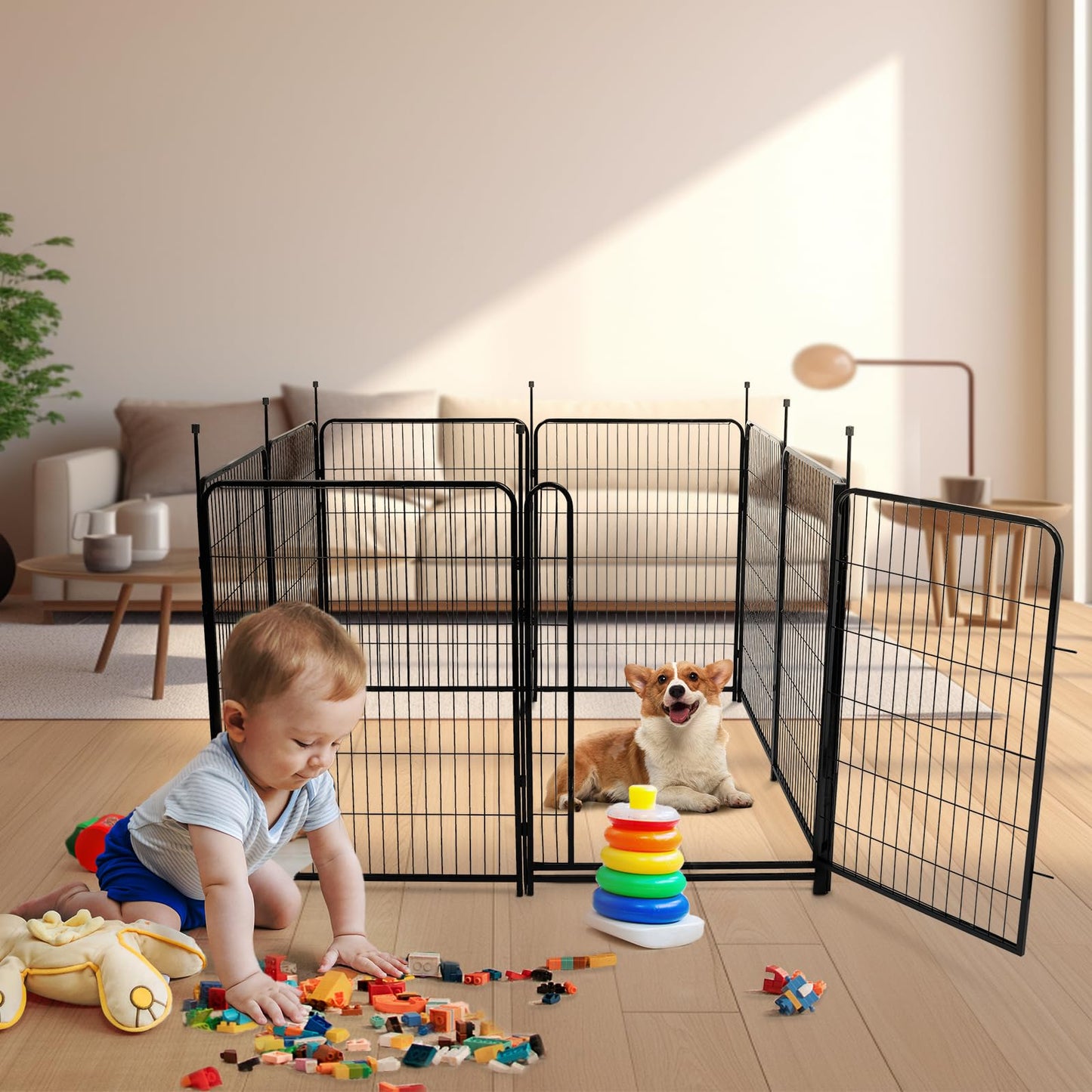 Getlay Tall Garden Fences and Borders for Dogs, 4.6ft High Dog Fence, 6 Panels Total 13.3 Ft Long, Gate 21 inches Wide with Low Sills. Modular Fencing, Dog Fence Outdoor for Yard