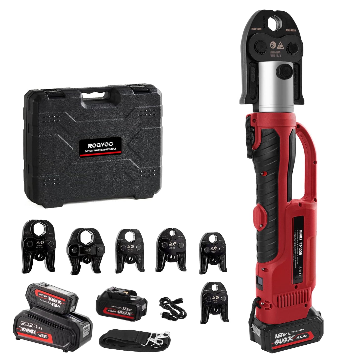ROGVOC Electric Pipe Crimping Tool Kit with 6 Pro Press Jaws, Pro Press Tool for 1/2 to 2 inches Copper Pipes and Stainless Steel Pipes, 2pcs 4 Ah Battery and Charger, Carrying Case Included, Red