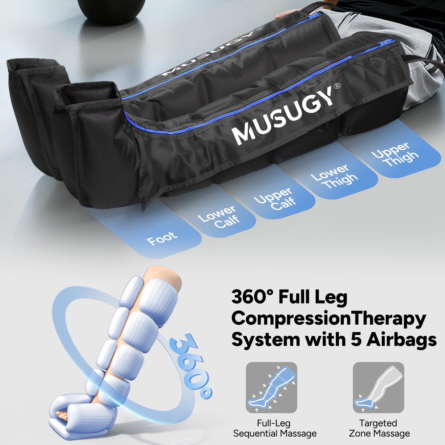 Musugy Sequential Leg Compression Massager for Circulation : Full Leg Air Compression Boots for Massage Therapy & Fatigue Relief - 9 Intensity, 6 Modes, 3 Timers for Athletes, Runners, Gym (Large)