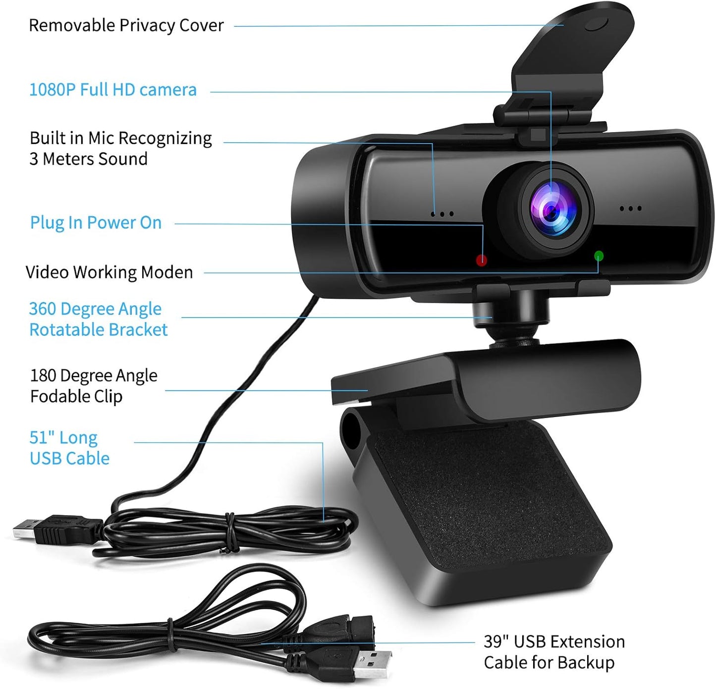 Ejfete 1080P 120 HD Webcam with Microphone and Privacy Cover, USB Plug & Play Computer Camera, Wide Angle Fixed Focus