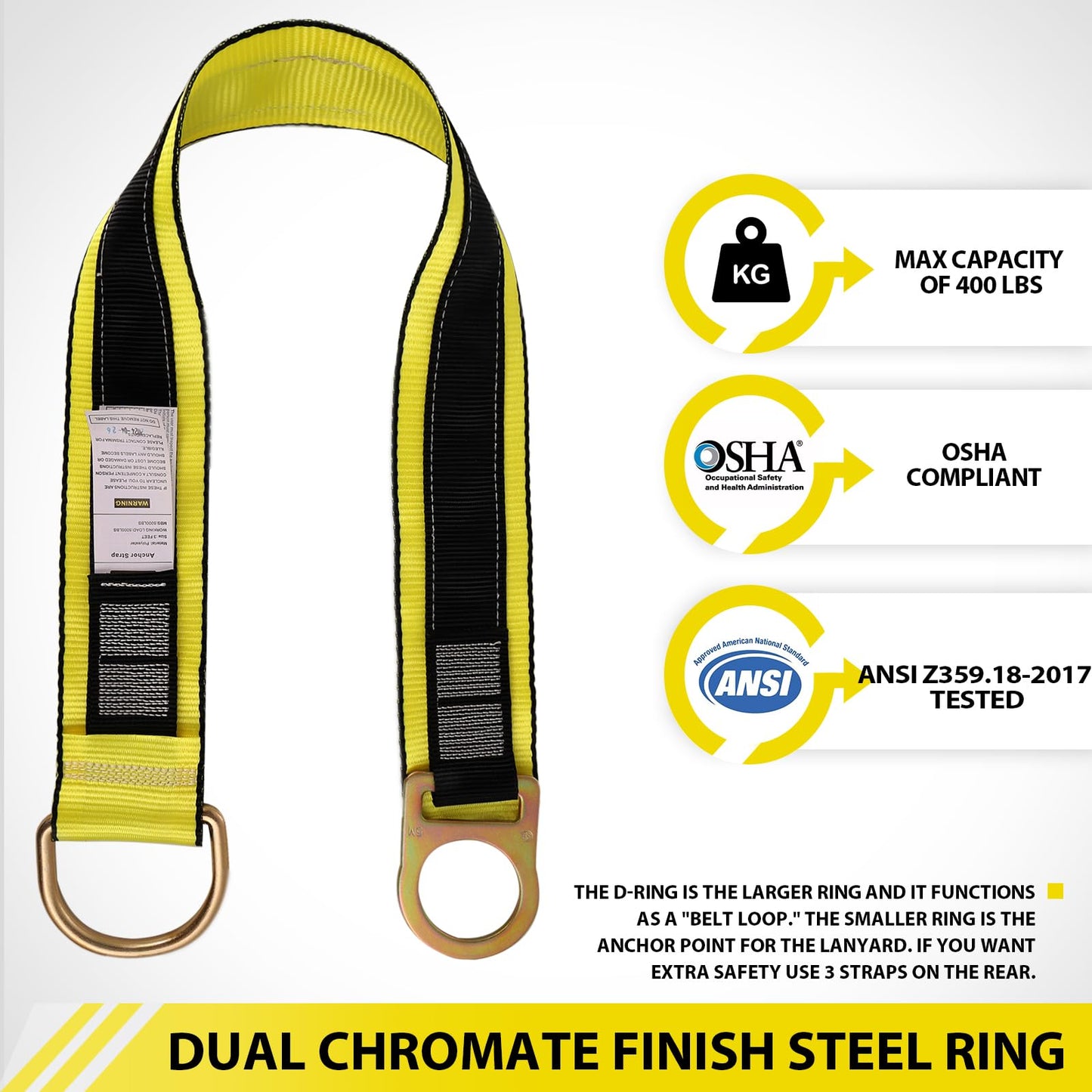 TRSMIMA Safety Strap Fall Protection - 6ft Cross Arm Strap Anchor Strap Anchorage Webbing with Double D Ring for Heavy Duty for Safety Harness