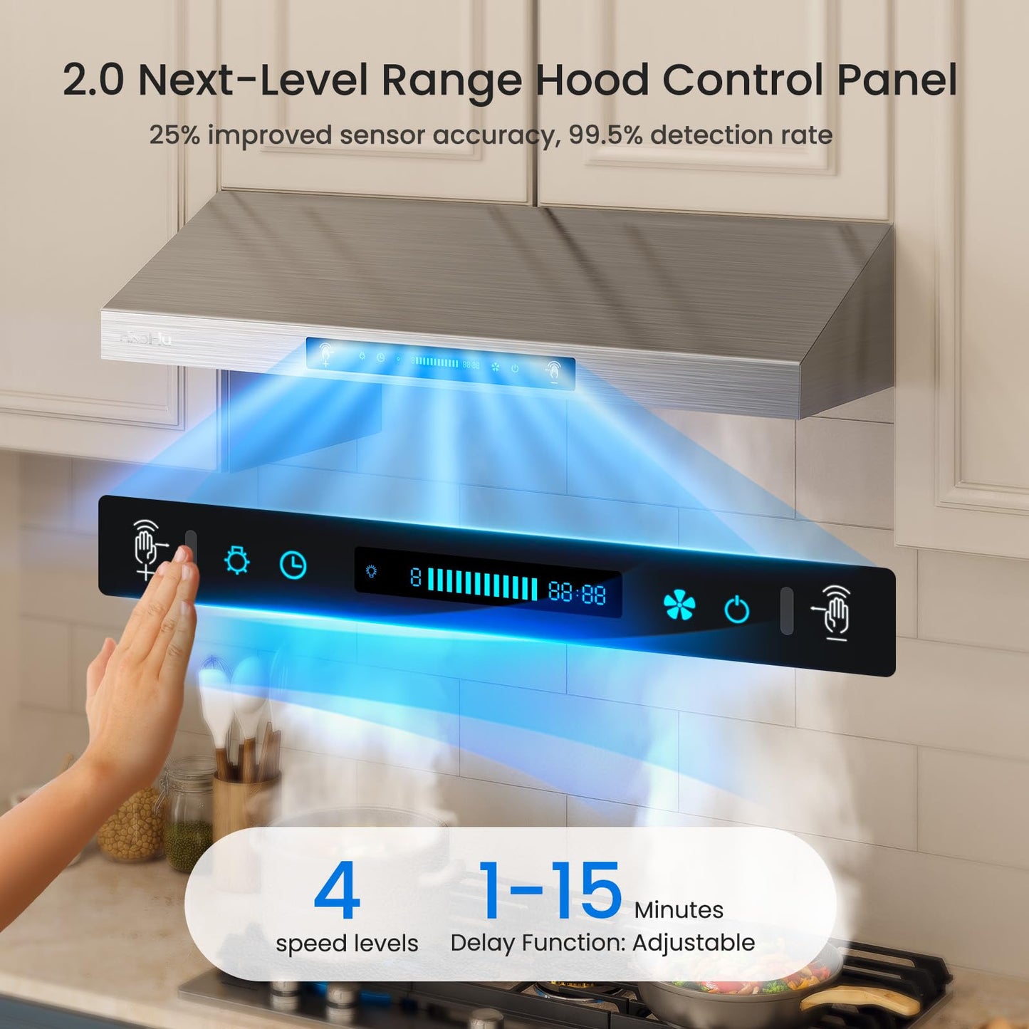 HisoHu 30 Inch Under Ducted Cabinet Range Hood with 1200 CFM, 4 Speed Gesture Sensing Kitchen Exhaust Hood & Touch Control Panel, Stainless Steel Stove Vent Hood with 2 LED Lights