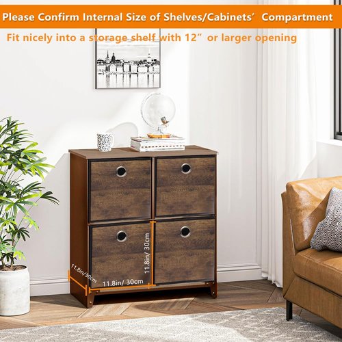 Folzaelar 4 Pack Durable Storage Cube Bins with Decorative Wood Grain,Thickened Fabric Box,Storage Basket for Shelves,Closet,Storeroom,Bedroom,Living Room,Nursery,Office,Dorm,RV, 12x12x12in ( (Medium)