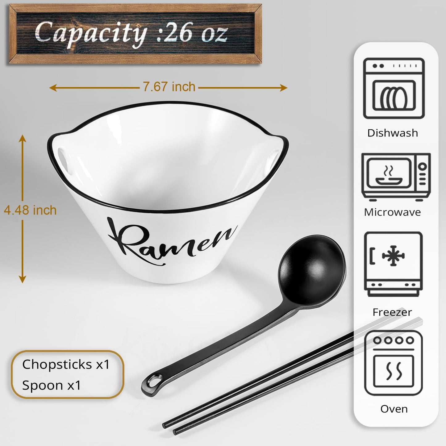 DAYYET Ceramic Ramen Bowl with Chopsticks and Spoon, 26 oz Farmhouse Deep Japanese Noodle Bowl for Udon, Soba, Pho, Rice and Soup, Microwave and Dishwasher Safe, White